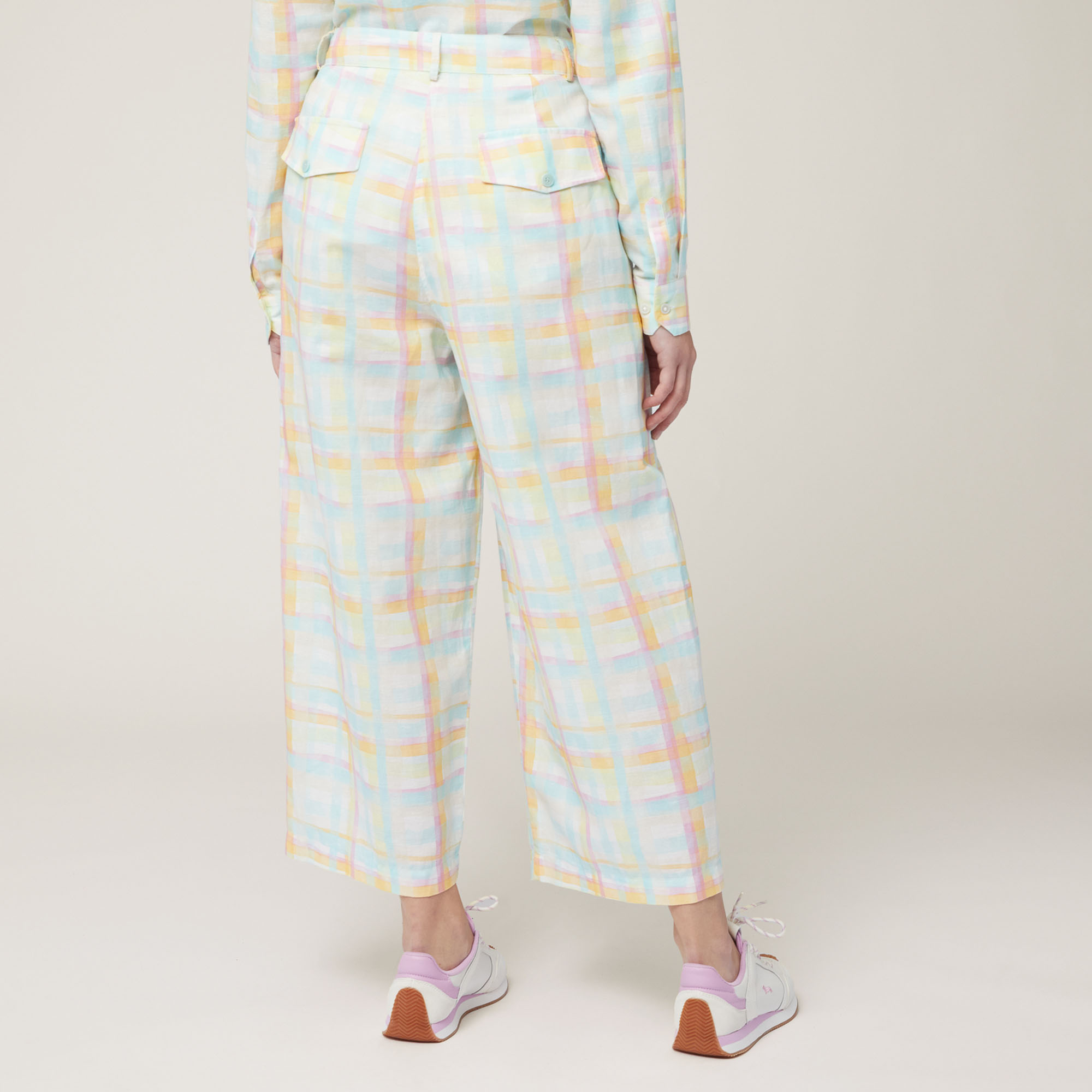 Mixed Linen Tartan Trousers, White, large image number 1