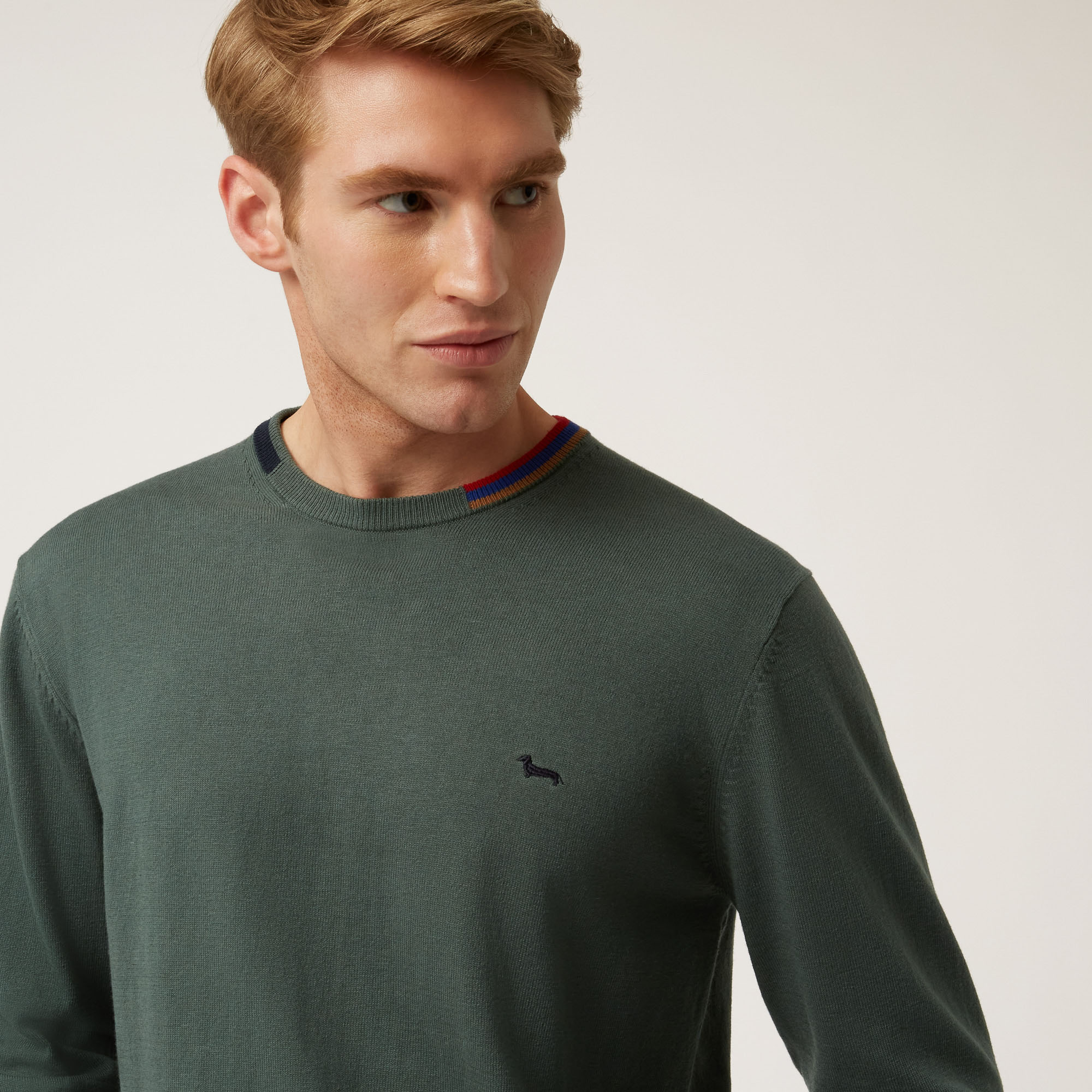 Pullover Girocollo In Cotone E Lana Con Dettagli A Contrasto, Verde Petrolio, large image number 2