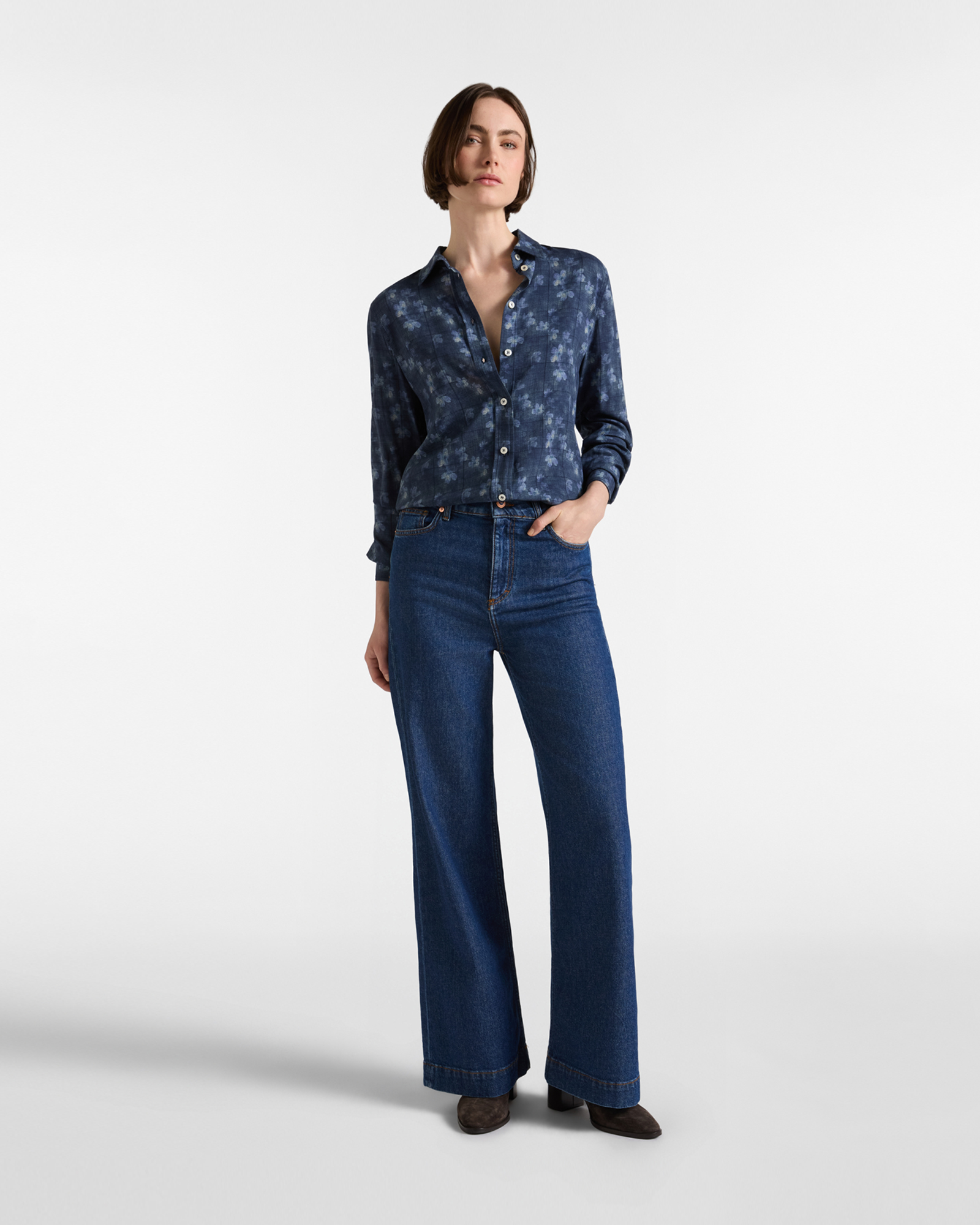 Camisa de mujer estampado floral degradado color azul, AZUL MARINO, large image number 3