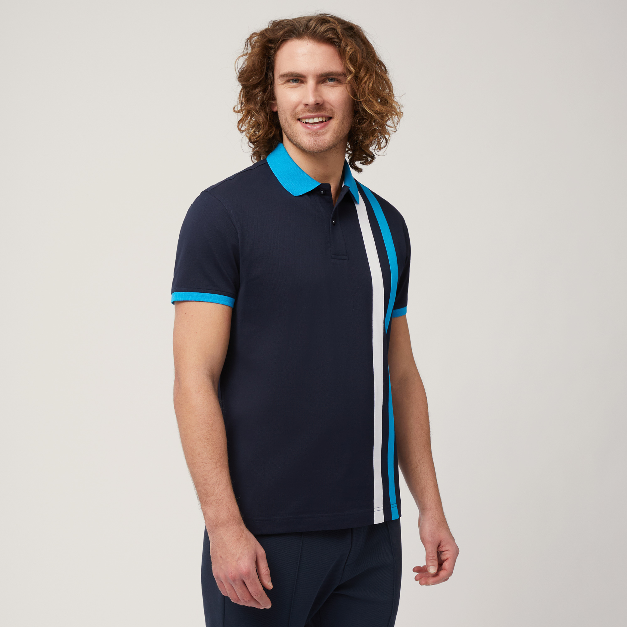 Polo with Contrasting Bands, Blue, large