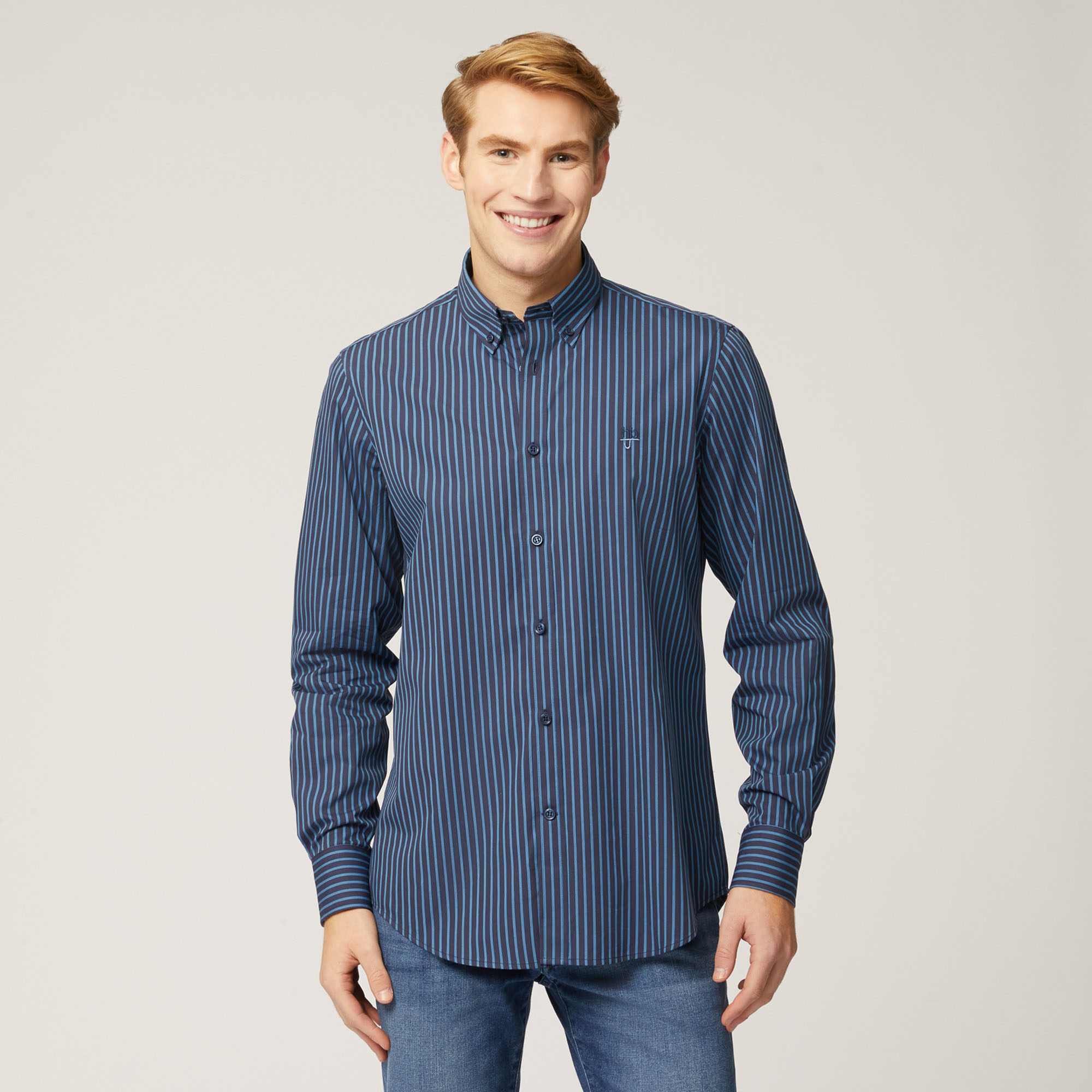 Camicia In Cotone Con Motivo A Righe, Blu, large image number 0