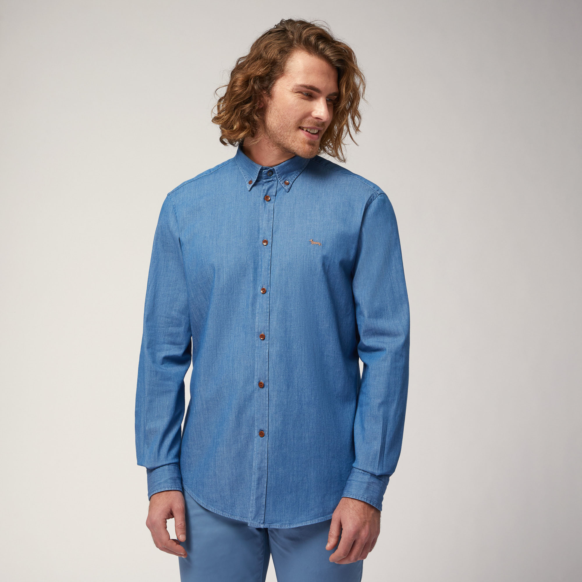 Camisa de denim de algodón elástico, Azul, large