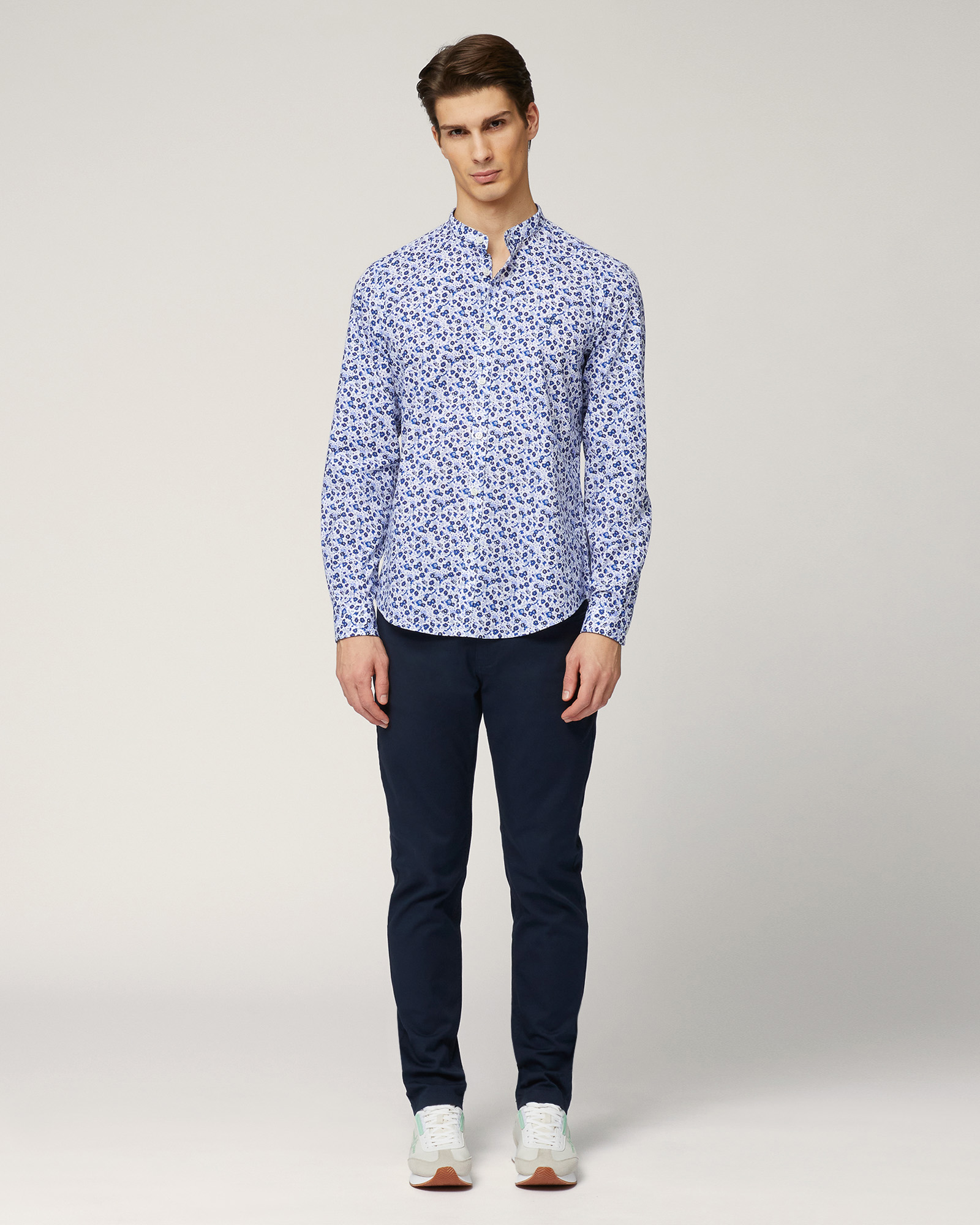 Mandarin-Collar Shirt with Flowers, Dark Blue, large image number 3