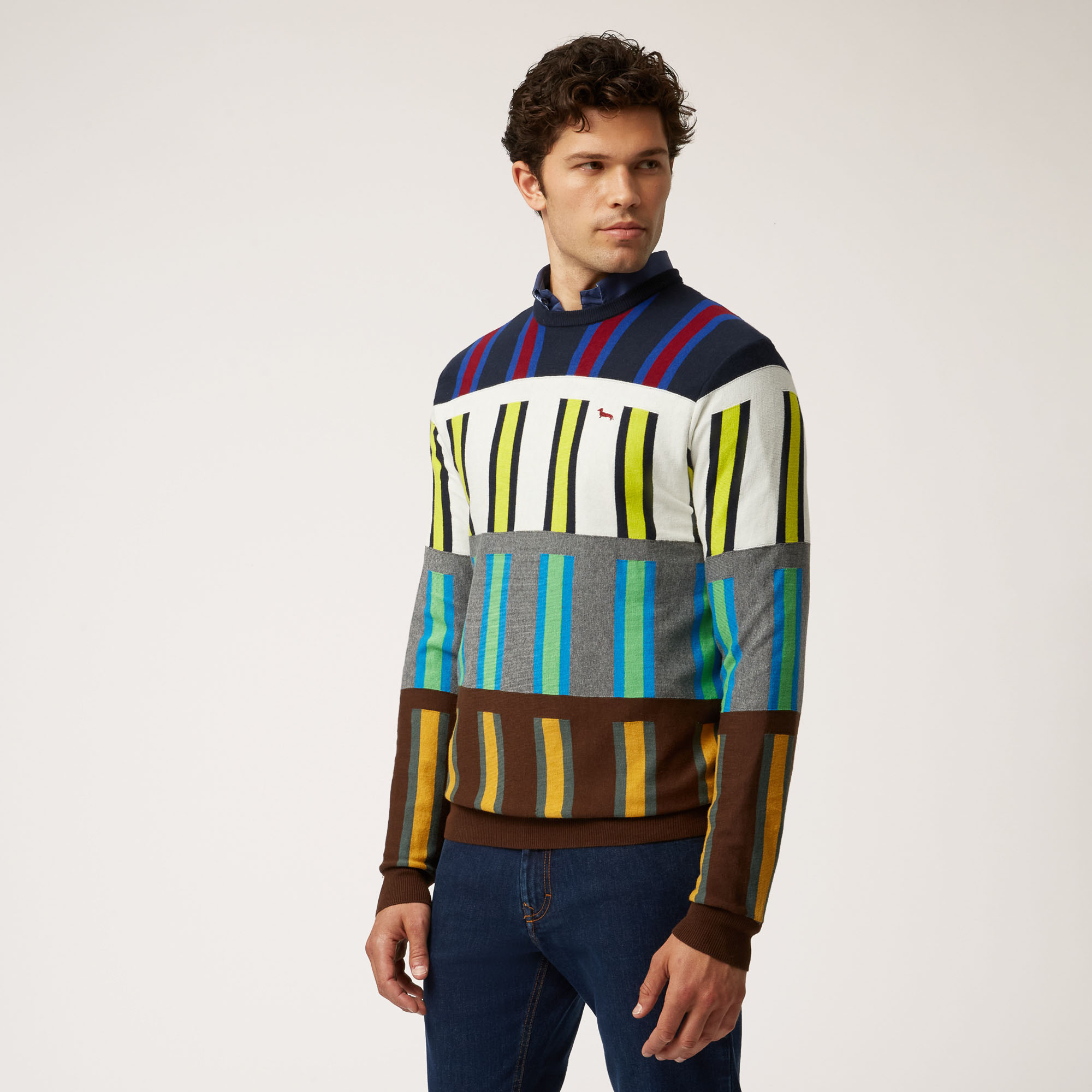 Cotton And Wool Crew-Neck Pullover With Vertical Stripes, Blue, large image number 0
