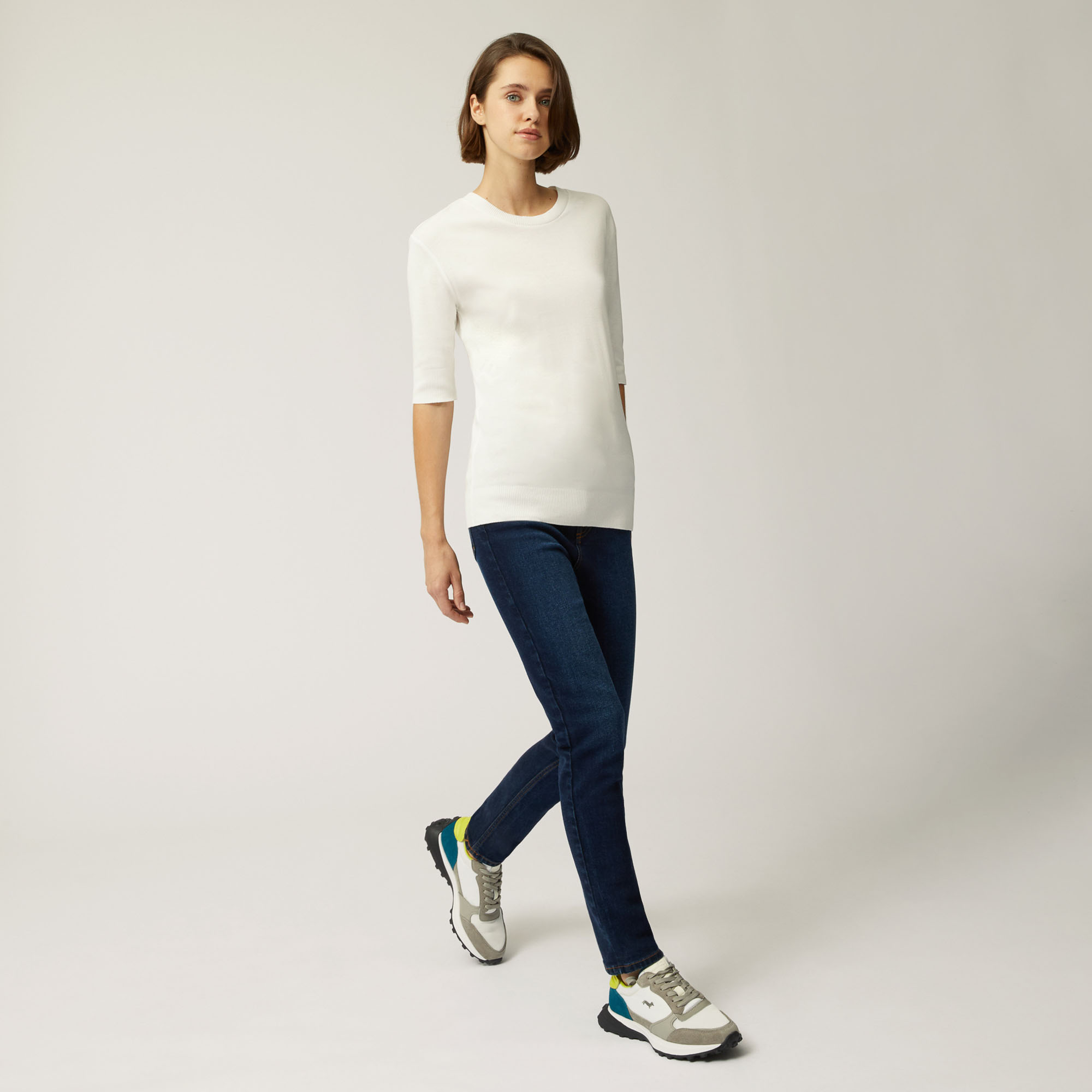 T-Shirt In Cotone E Modal Con Maniche A Tre Quarti, Bianco, large image number 3