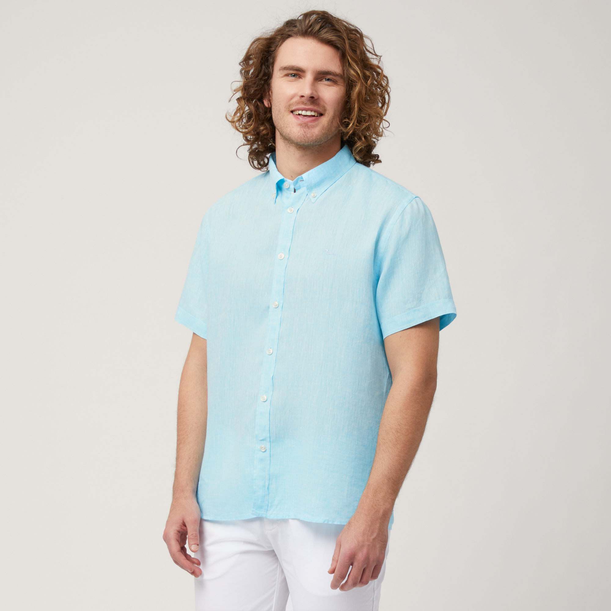 Linen Short-Sleeved Shirt, Turquoise Melange, large