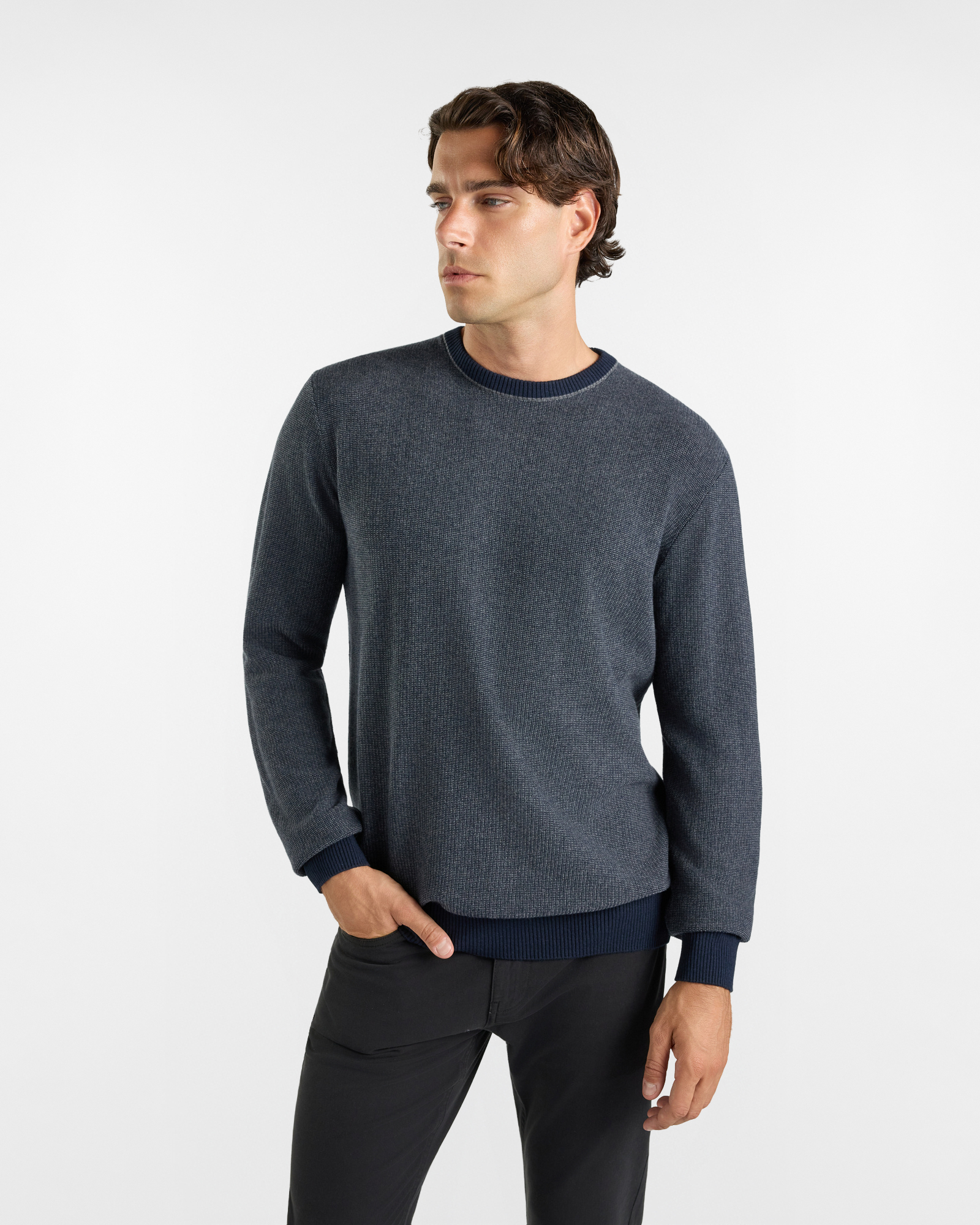 Maglia Girocollo HBJ Uomo punto misto in lana e cashmere grigio / blu scuro