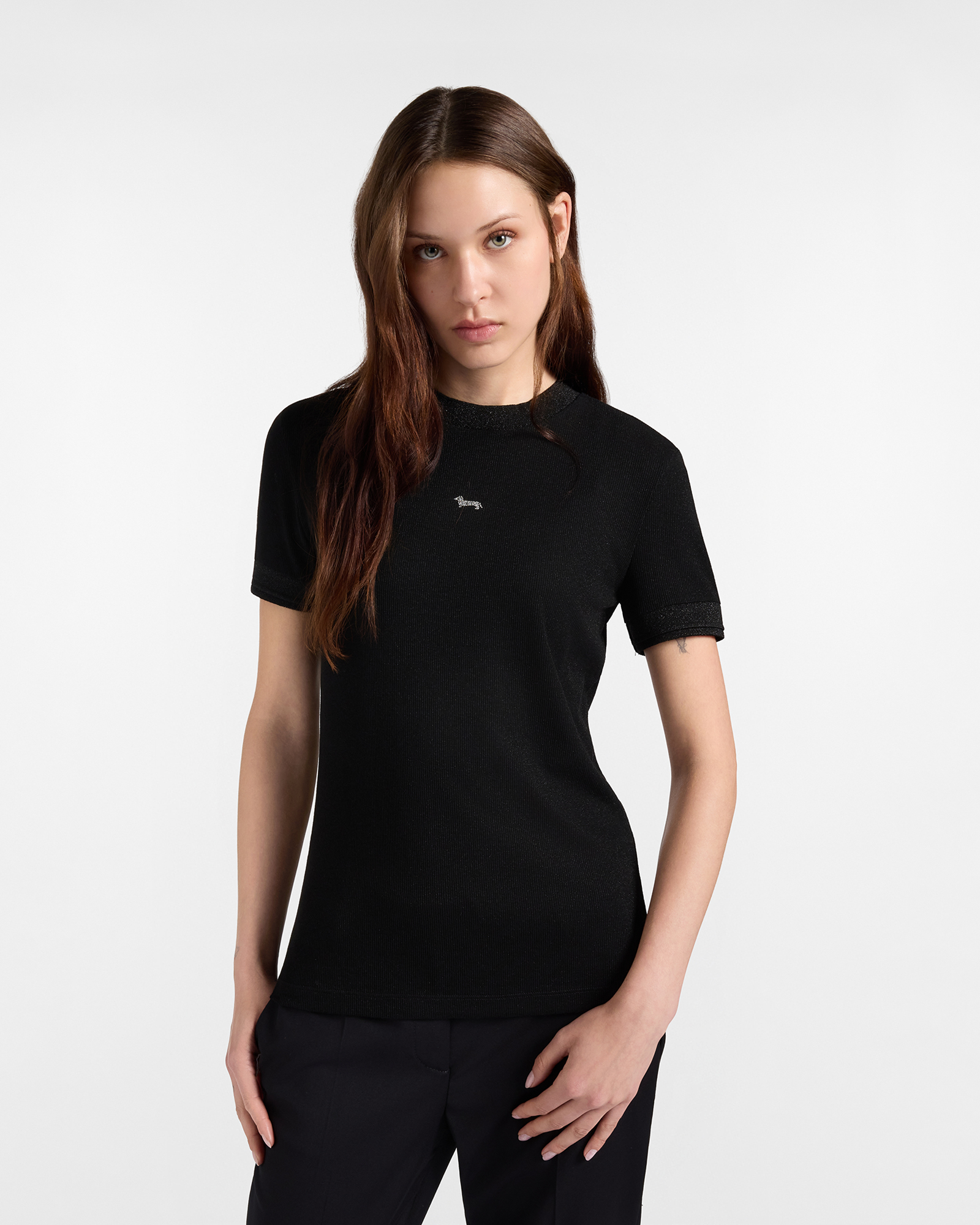 Women&rsquo;s Slim-Fit Lam&eacute; Ribbed T-shirt with Black Rhinestone Dachshund