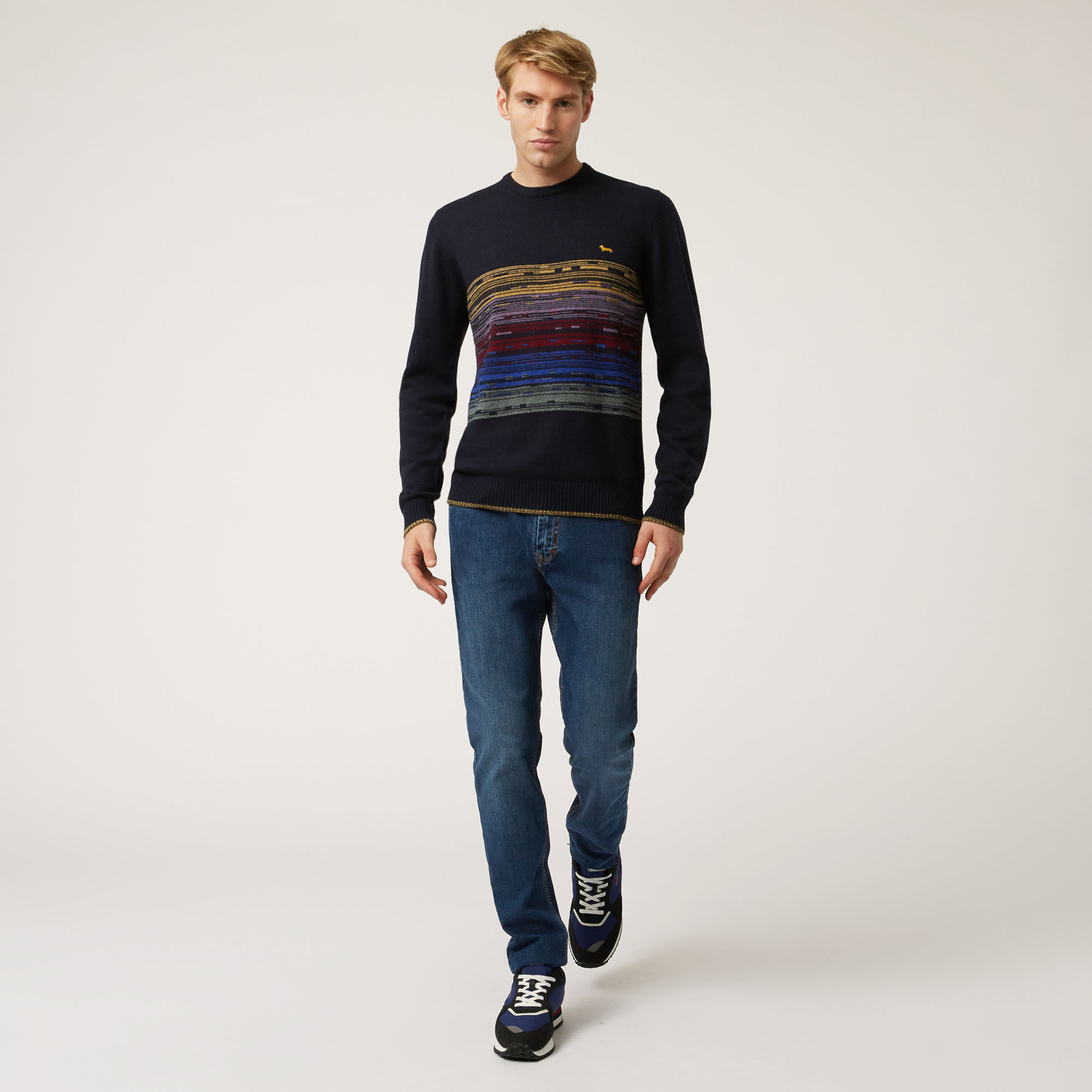 Staggered-Stripe Crew-Neck Pullover, Blue, large image number 3