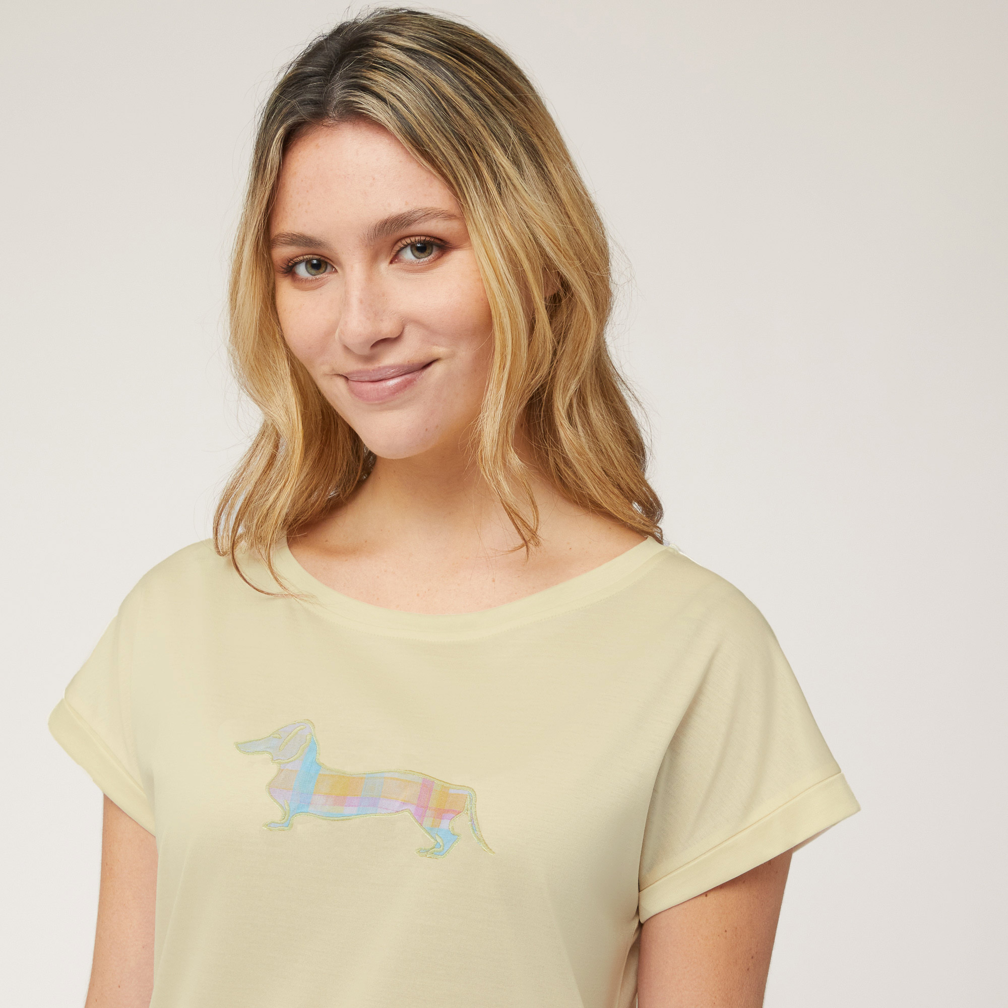 Cotton T-Shirt with Dachshund, Light Yellow, large