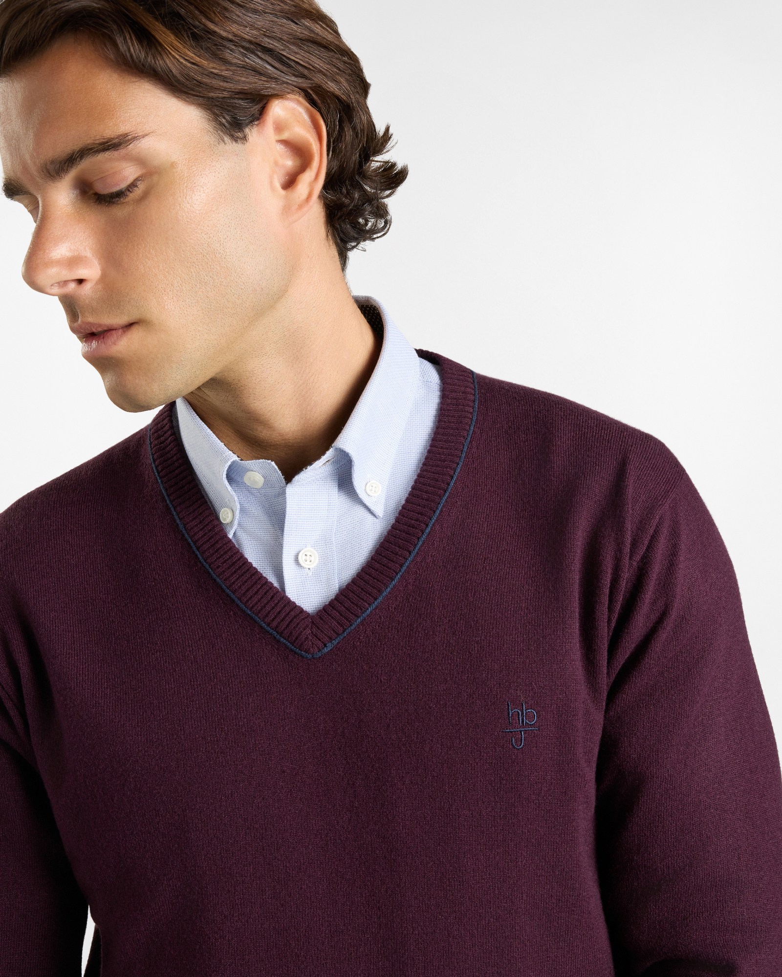 Maglia HBJ Uomo in Punto Cardato con Scollo a V in Misto Lana e Cashmere, PRUGNA, large