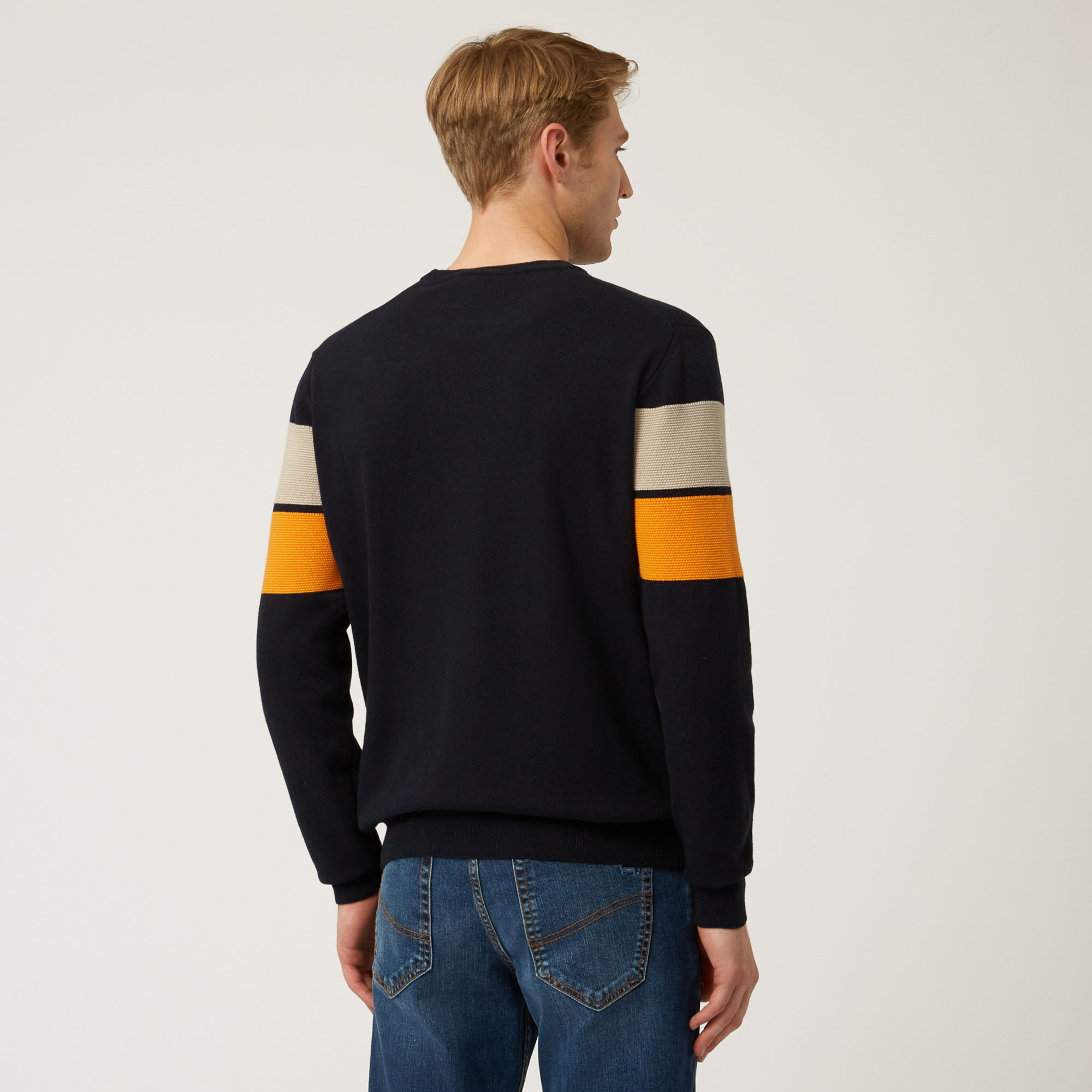 Crew-Neck Pullover With Color-Block Bands, Blue, large image number 1