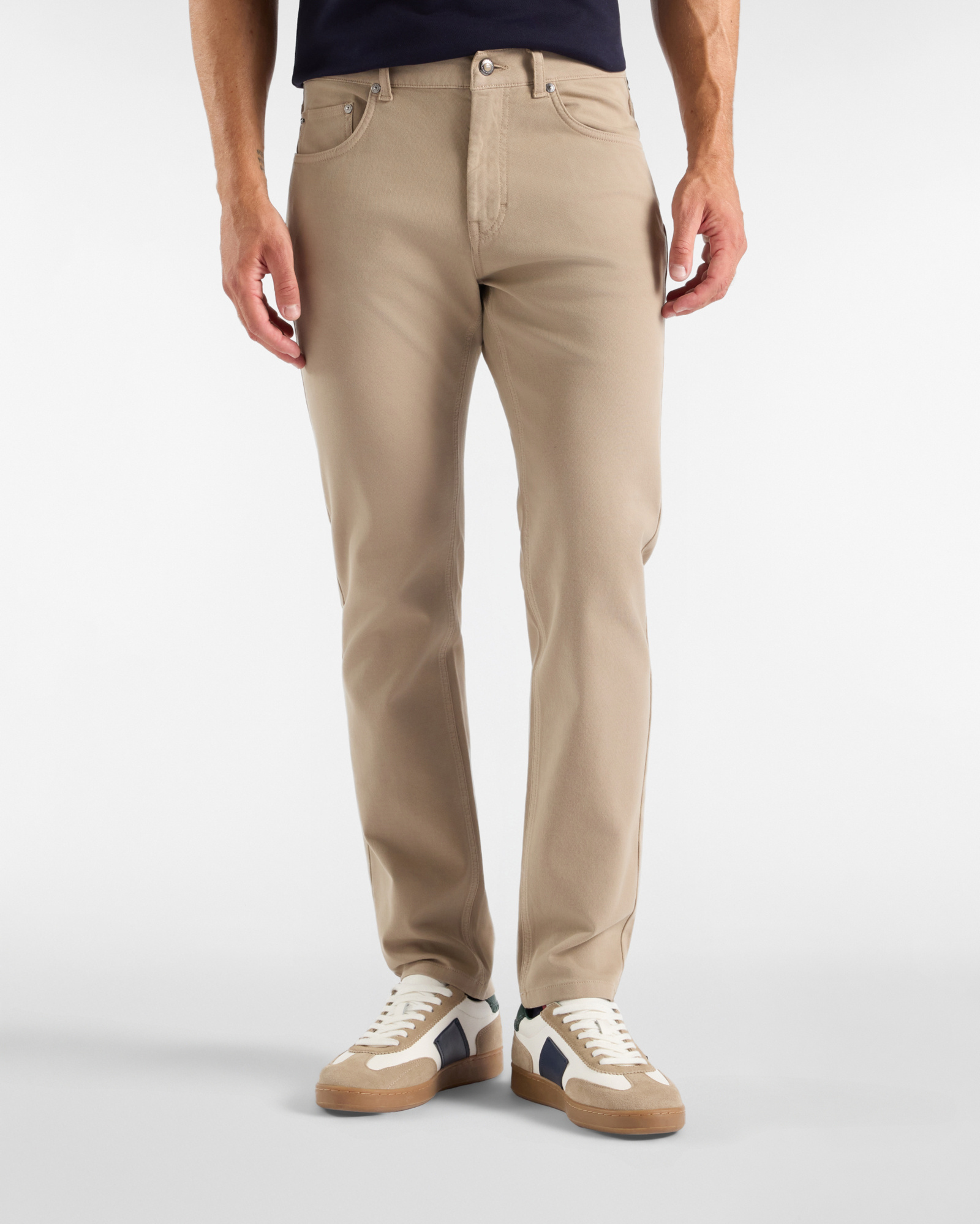 Men&rsquo;s narrow-fit beige stretch cotton 5-pocket trousers