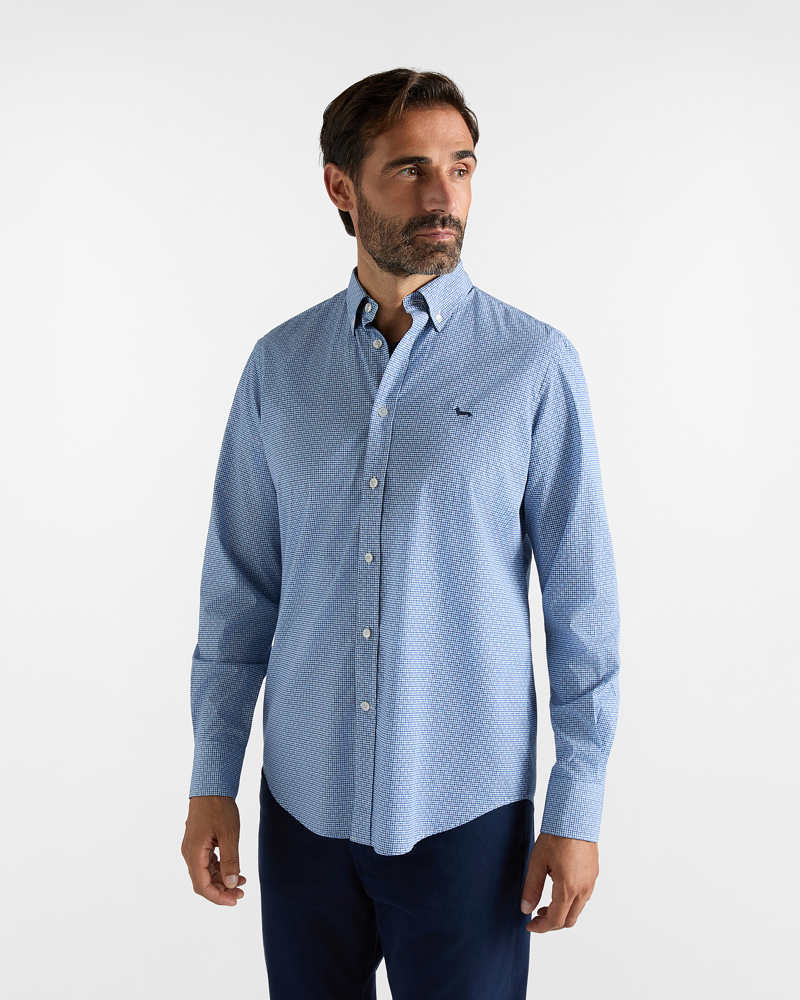 Men&rsquo;s cotton poplin shirt with navy blue micro-print