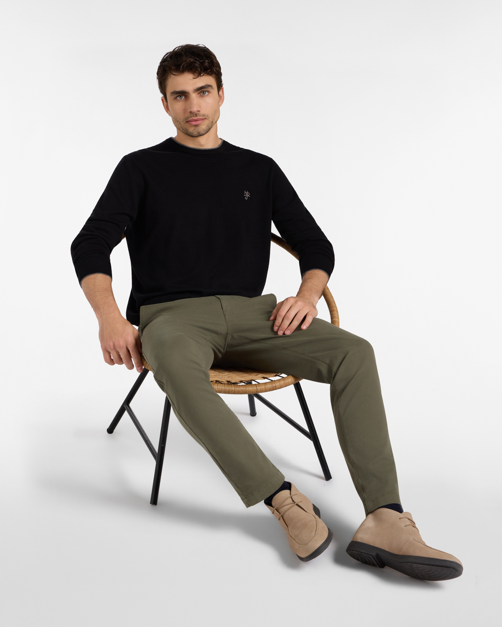 Pantalone Chino HBJ Uomo Narrow Fit in Gabardina di Cotone Stretch, VERDE, large