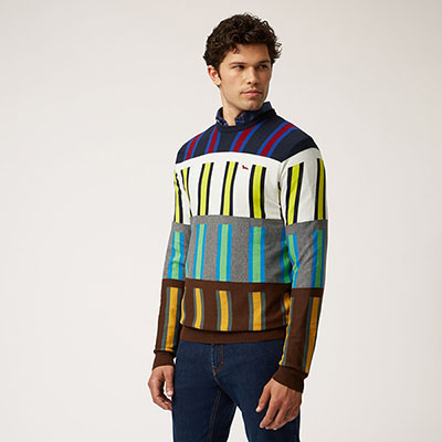 Cotton And Wool Crew-Neck Pullover With Vertical Stripes