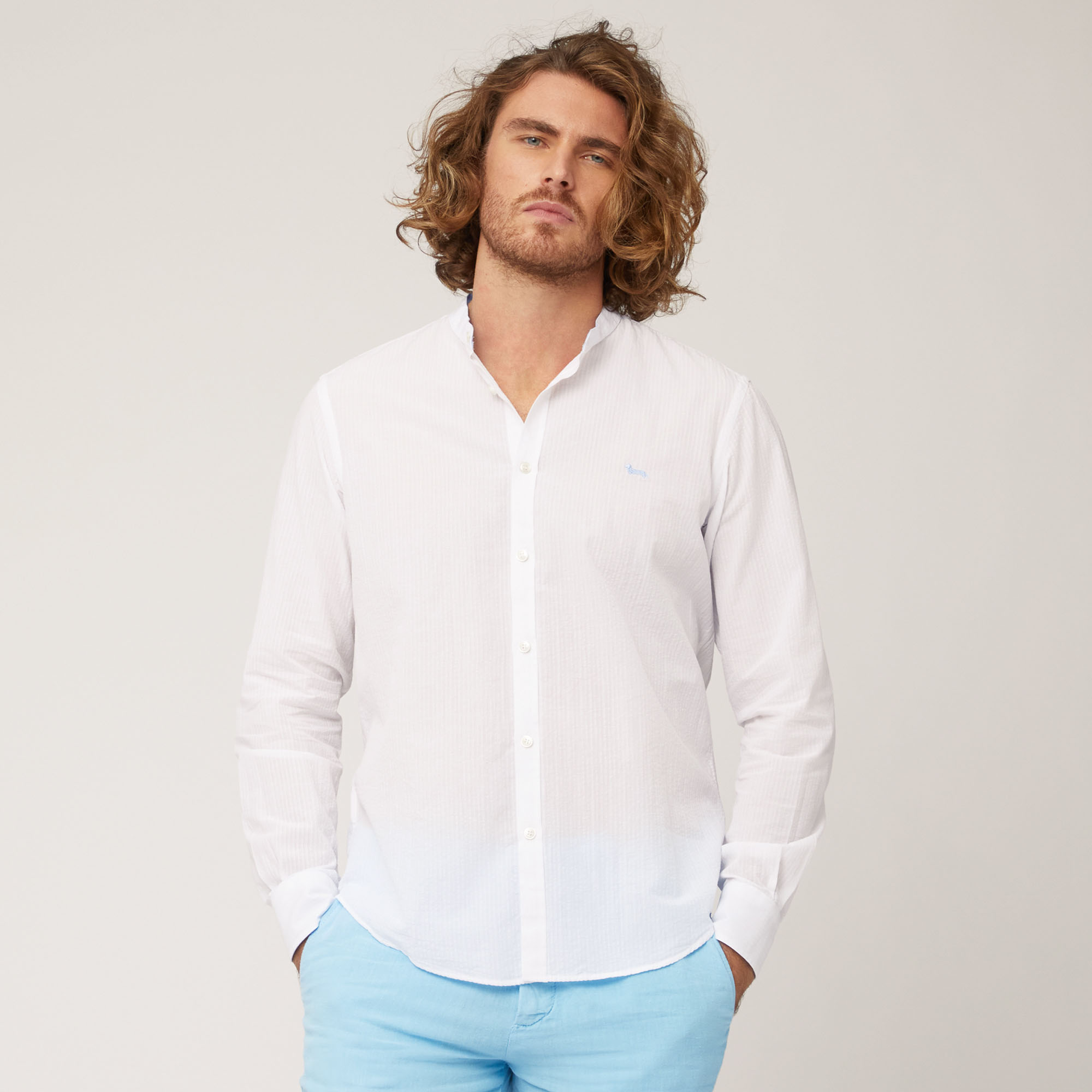 Seersucker Cotton Shirt with Mandarin Collar