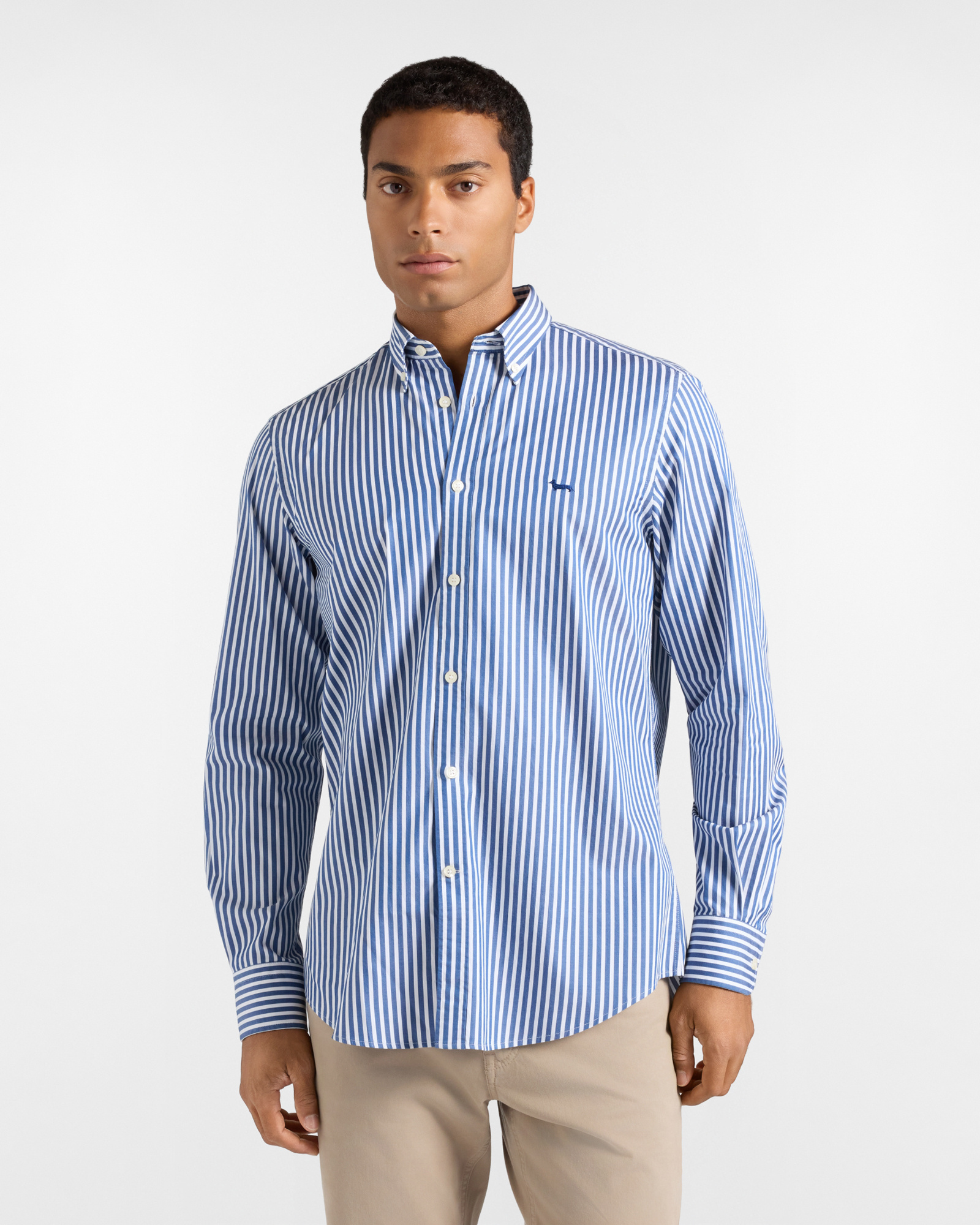 Men's regular-fit dark blue twill shirt with satin stripe