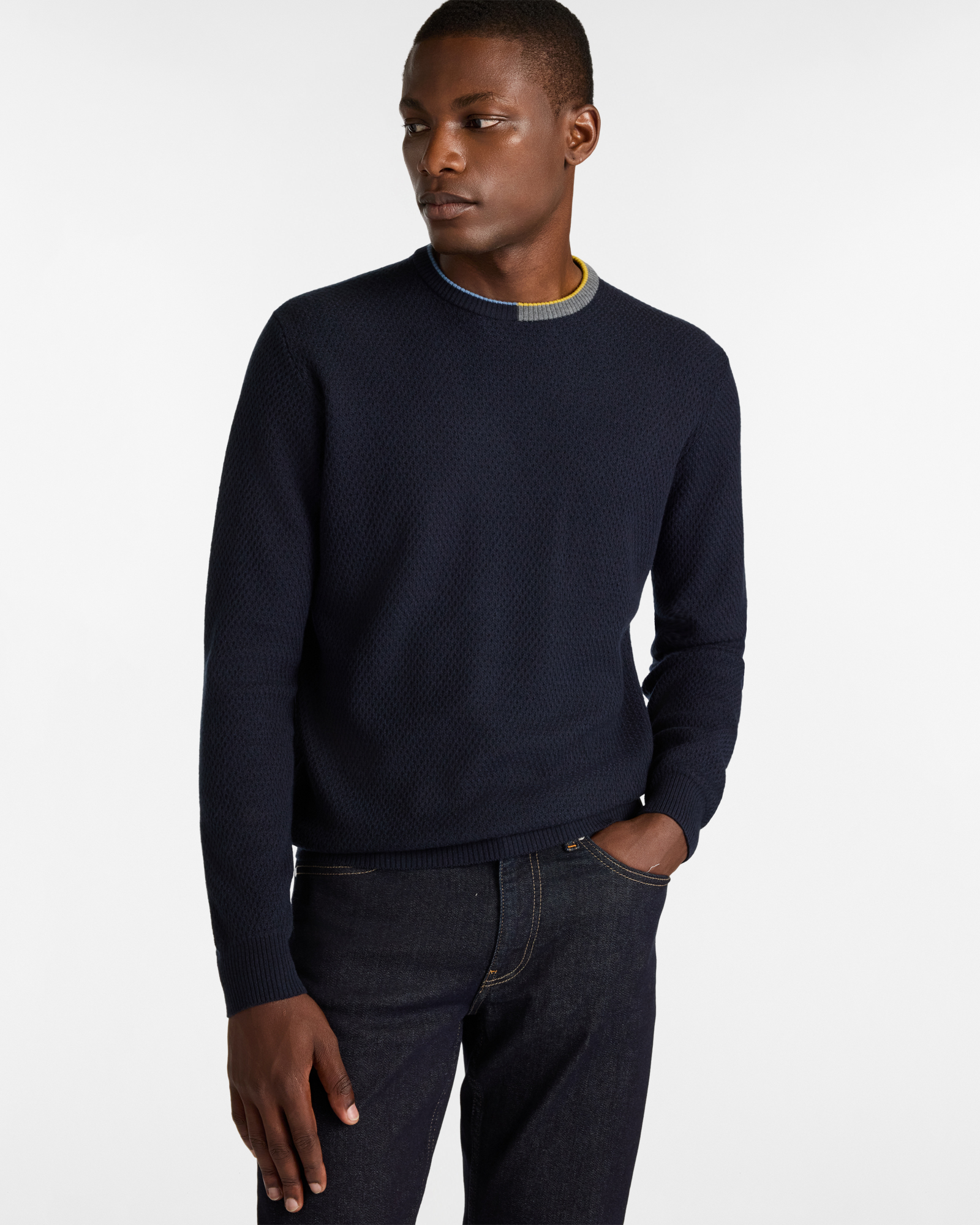 Crewneck Sweater with Contrast Elbow Patches, Dark Blue, large