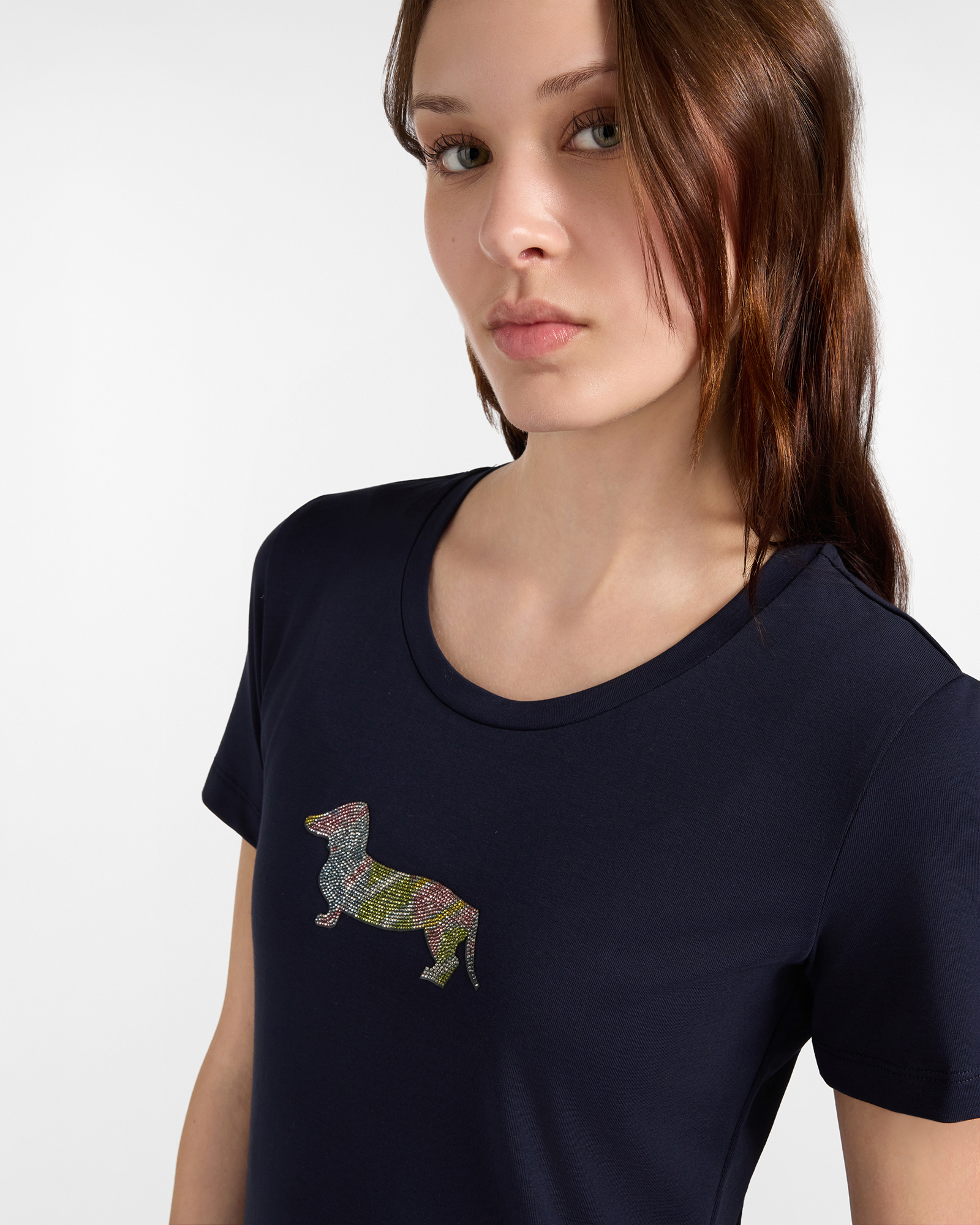 Women's  stretch cotton T-shirt with maxi dachshund, NAVY BLUE, large image number 2