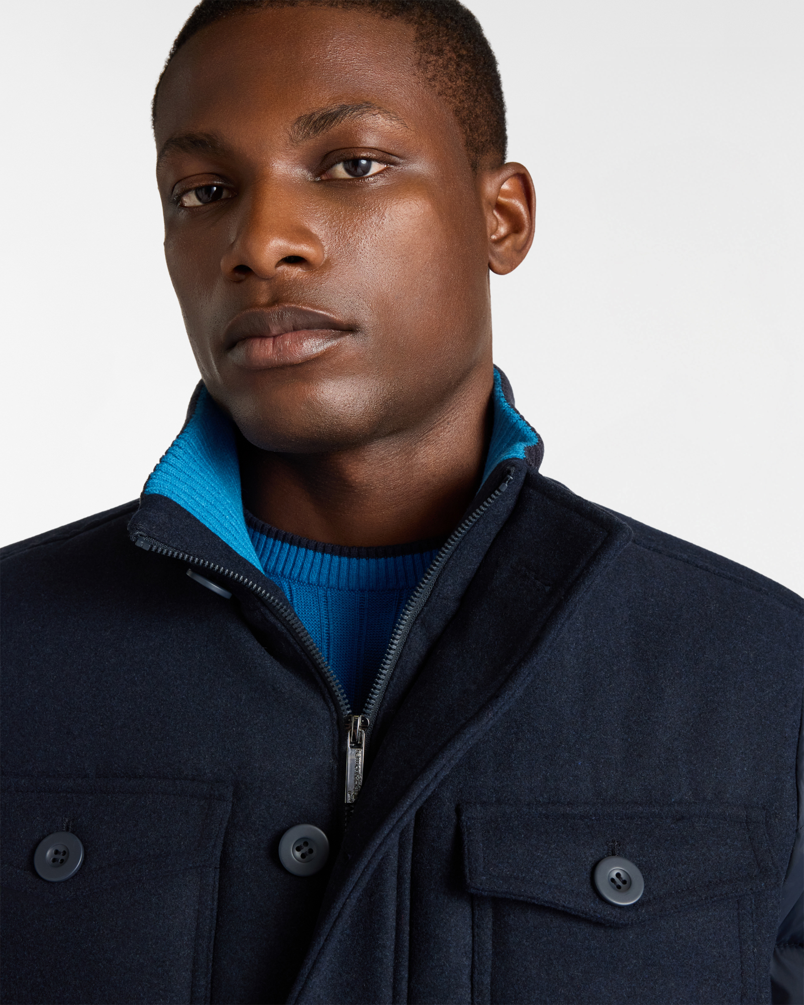 Padded Bomber Jacket in Nylon and Wool with Knitted Collar, Dark Blue, large image number 2