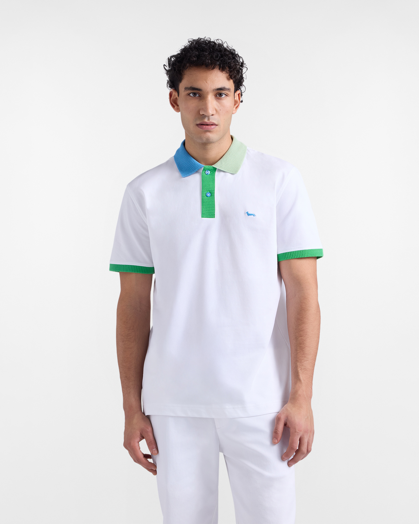 Men's stretch piqu&eacute; polo shirt with 3D collar and hems