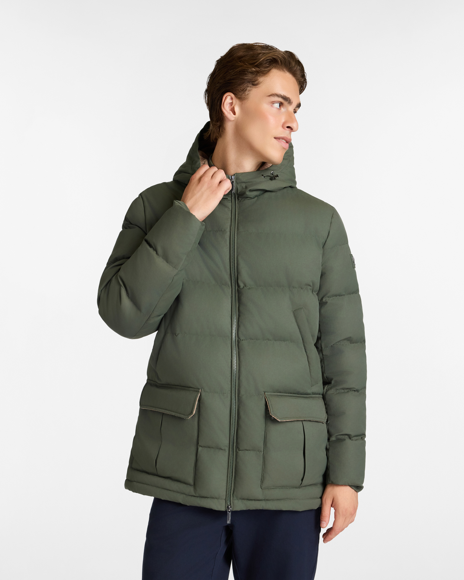 Long Quilted Down Jacket with Hood and Velvet Interior Details