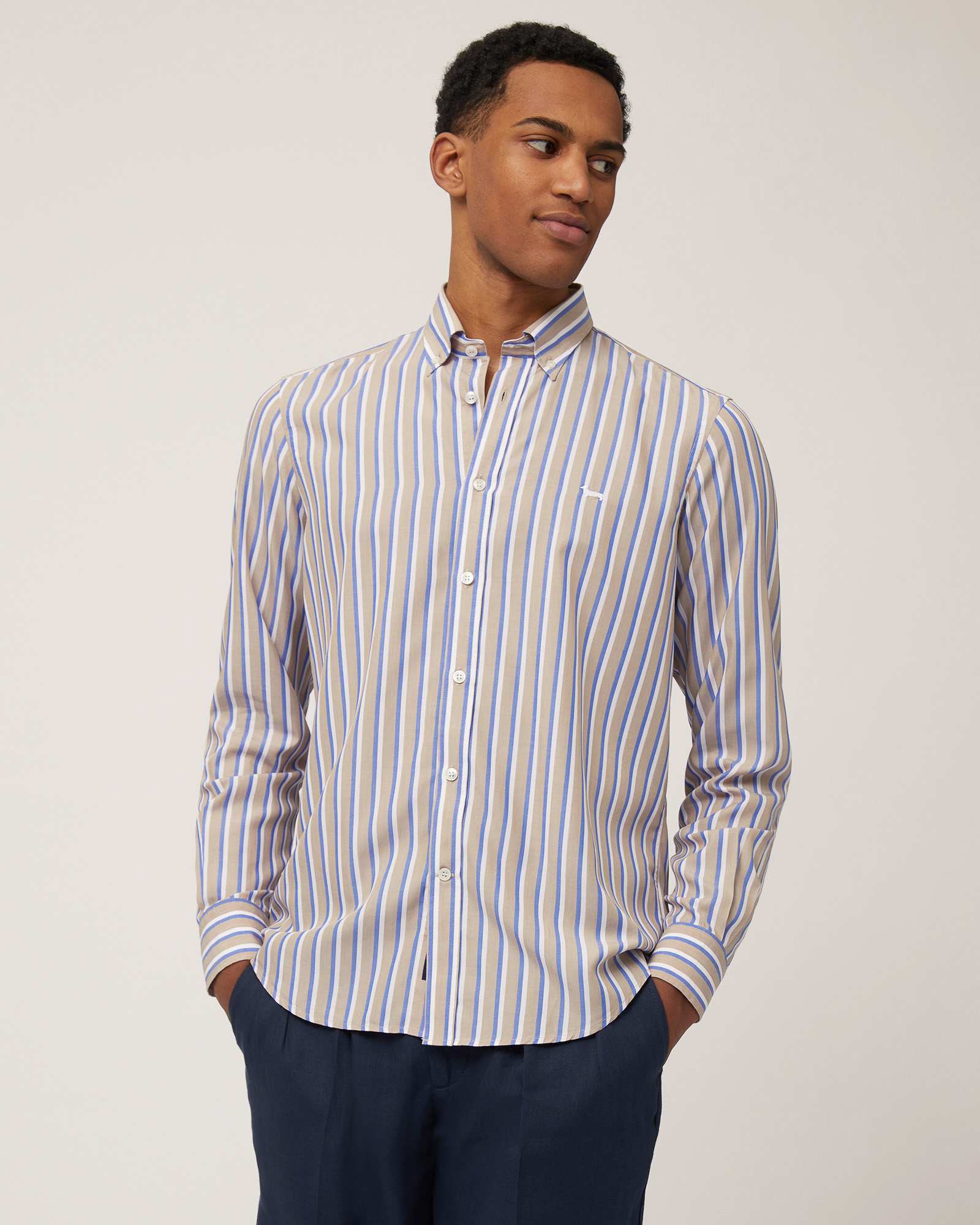 Lyocell Stripe Shirt, Beige, large