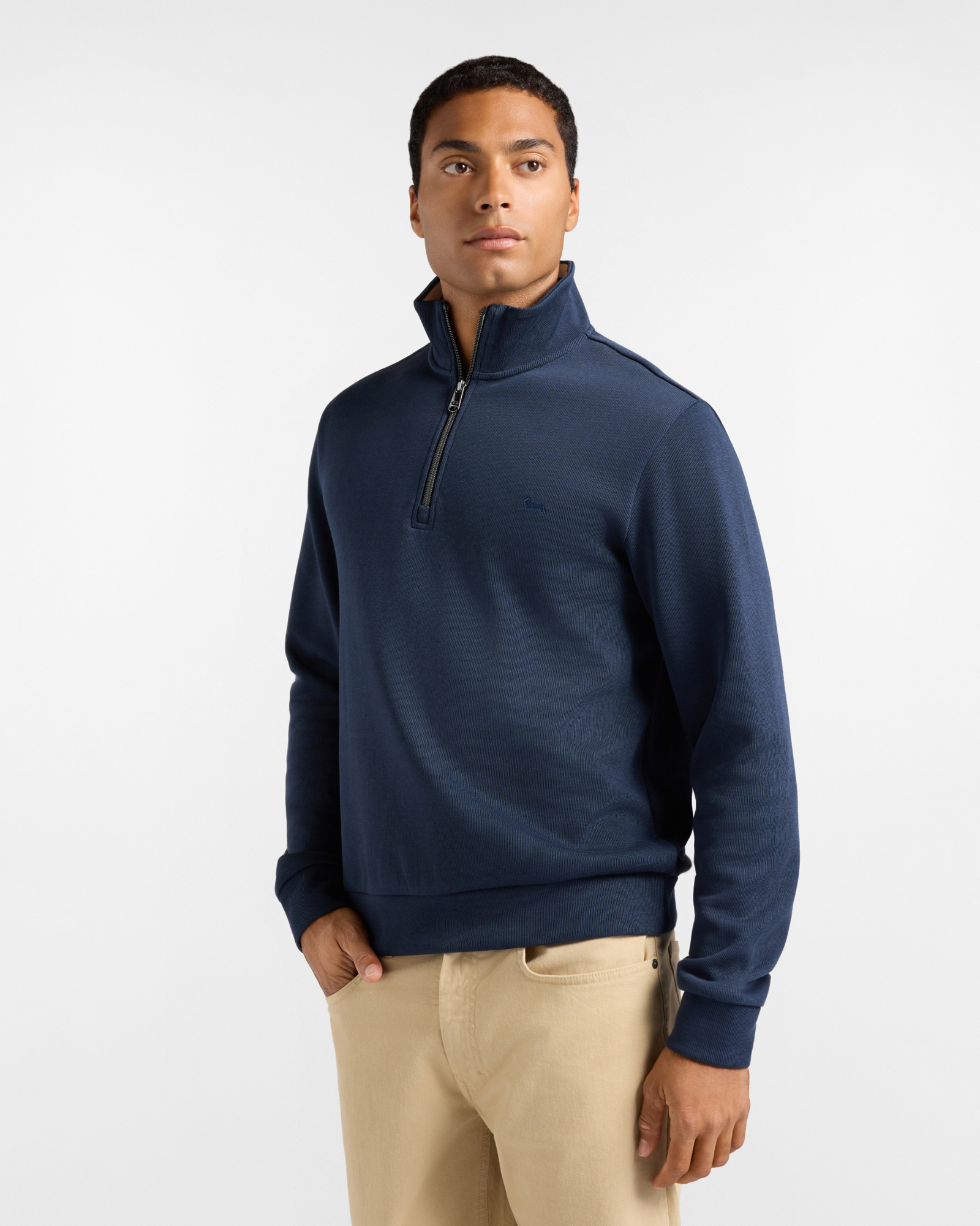 Men's blue half-zip ribbed cotton sweatshirt