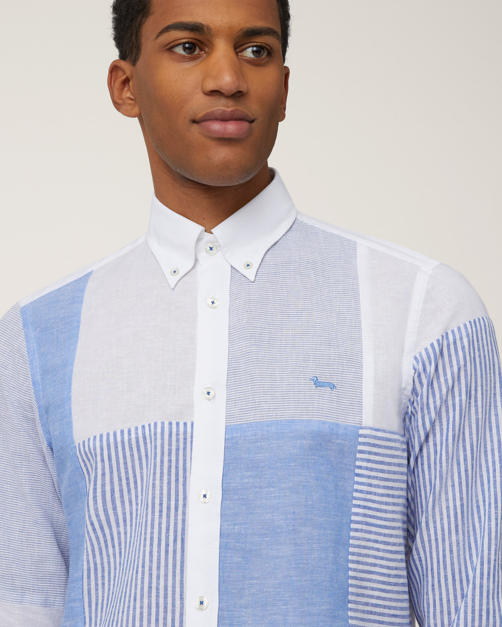 Linen Blend Patchwork Shirt, Light Blue, large image number 2