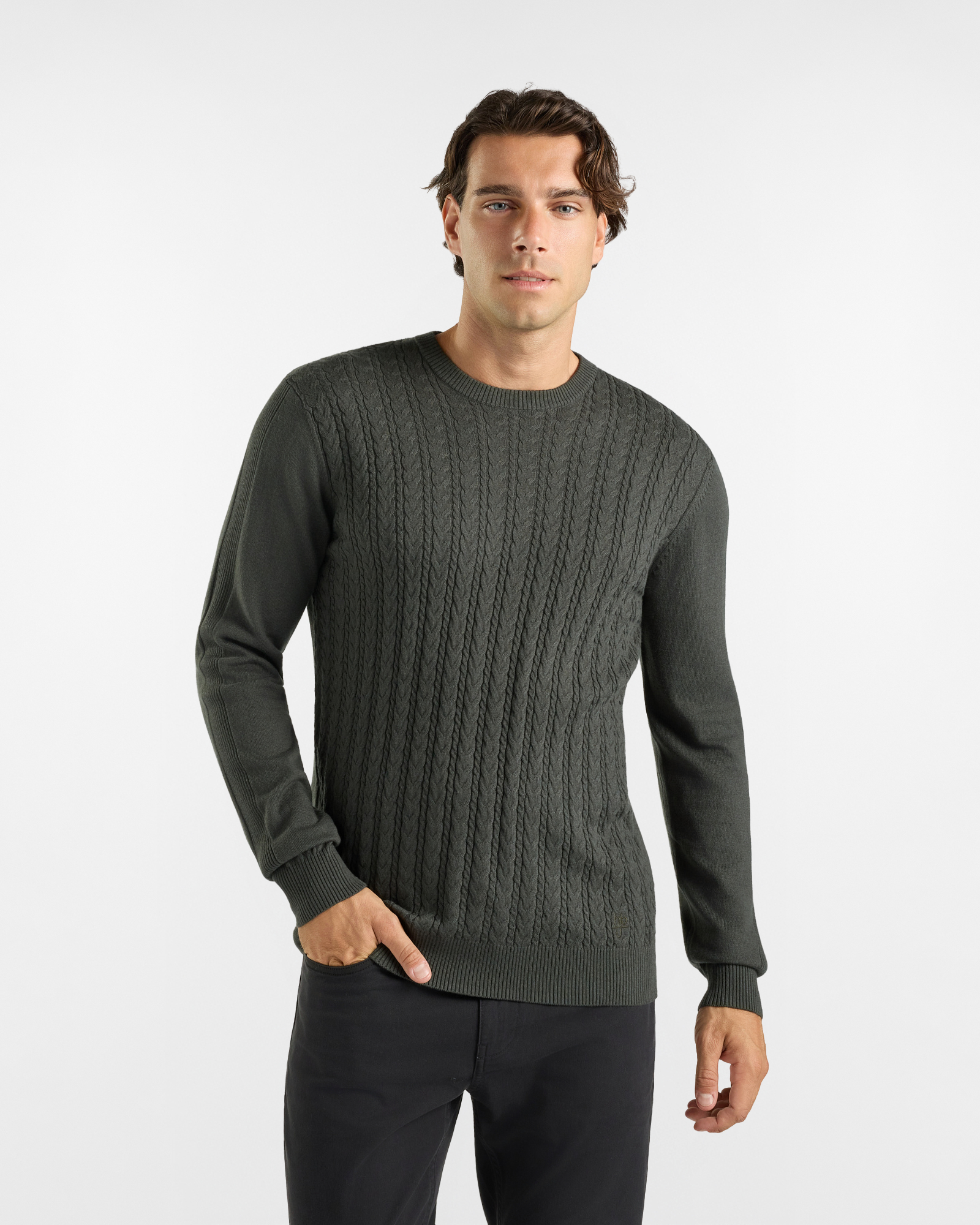 Men&rsquo;s HBJ Crew-Neck Jumper with cable knit in green wool and cashmere blend