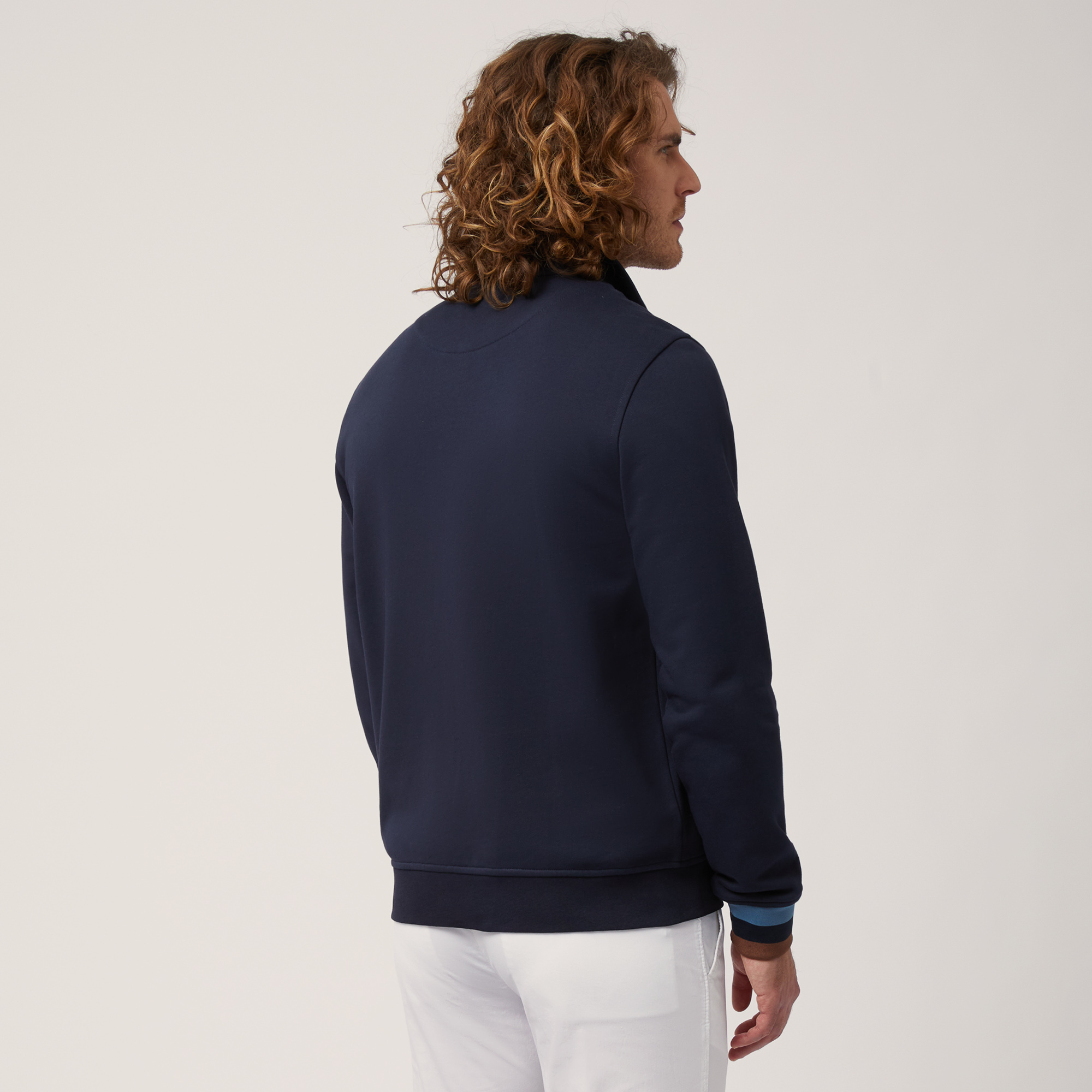 Cotton Full-Zip Sweatshirt with Striped Details, Blue, large image number 1