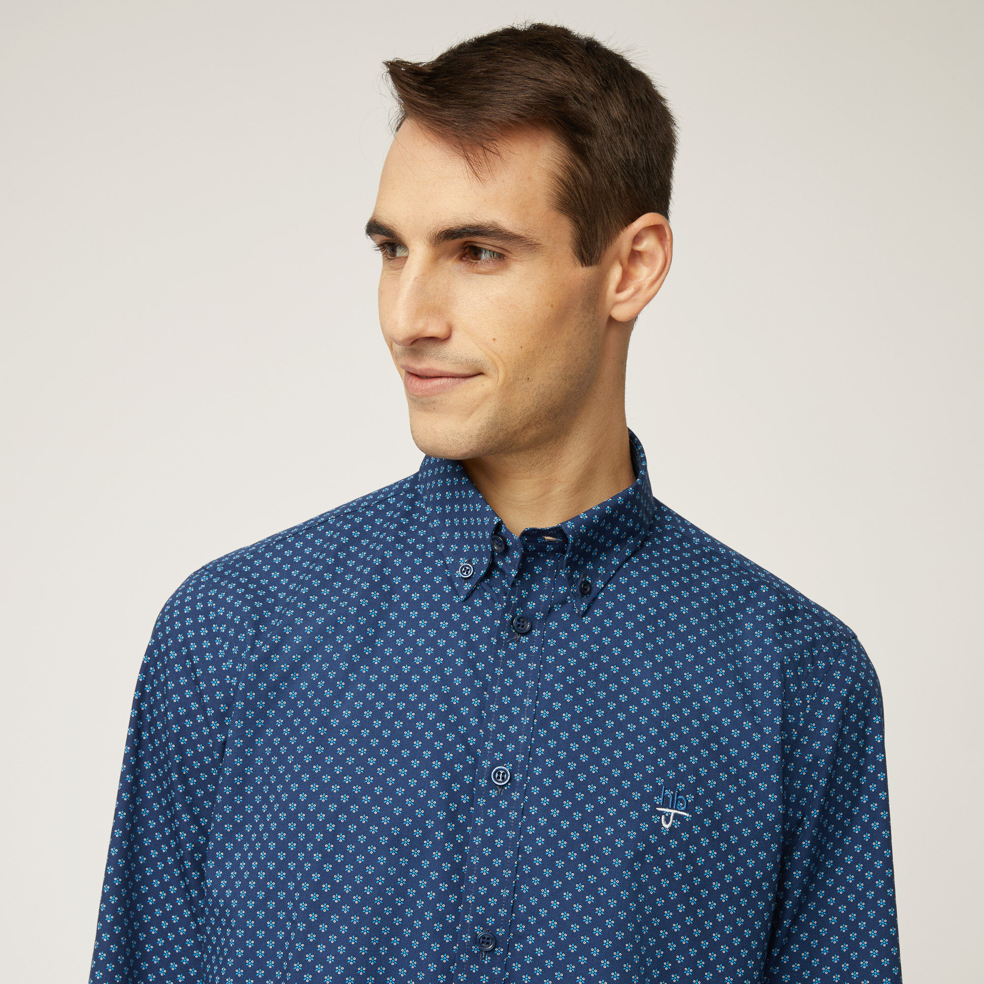 Camicia In Cotone Con Micro-Motivo  All-Over, Blu, large