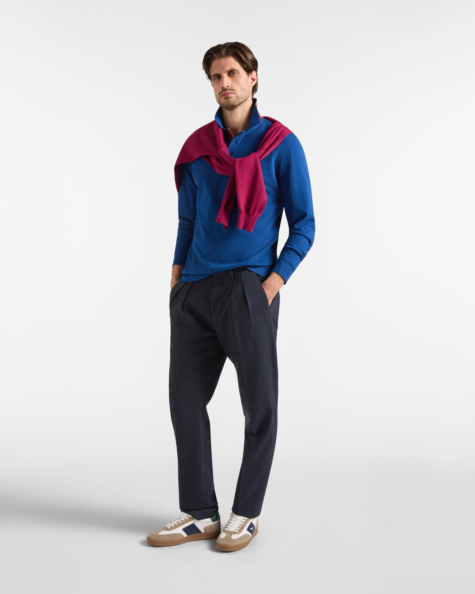 Men's long-sleeve 100% pure cotton brushed jersey polo shirt, SPORT BLUE, large image number 3