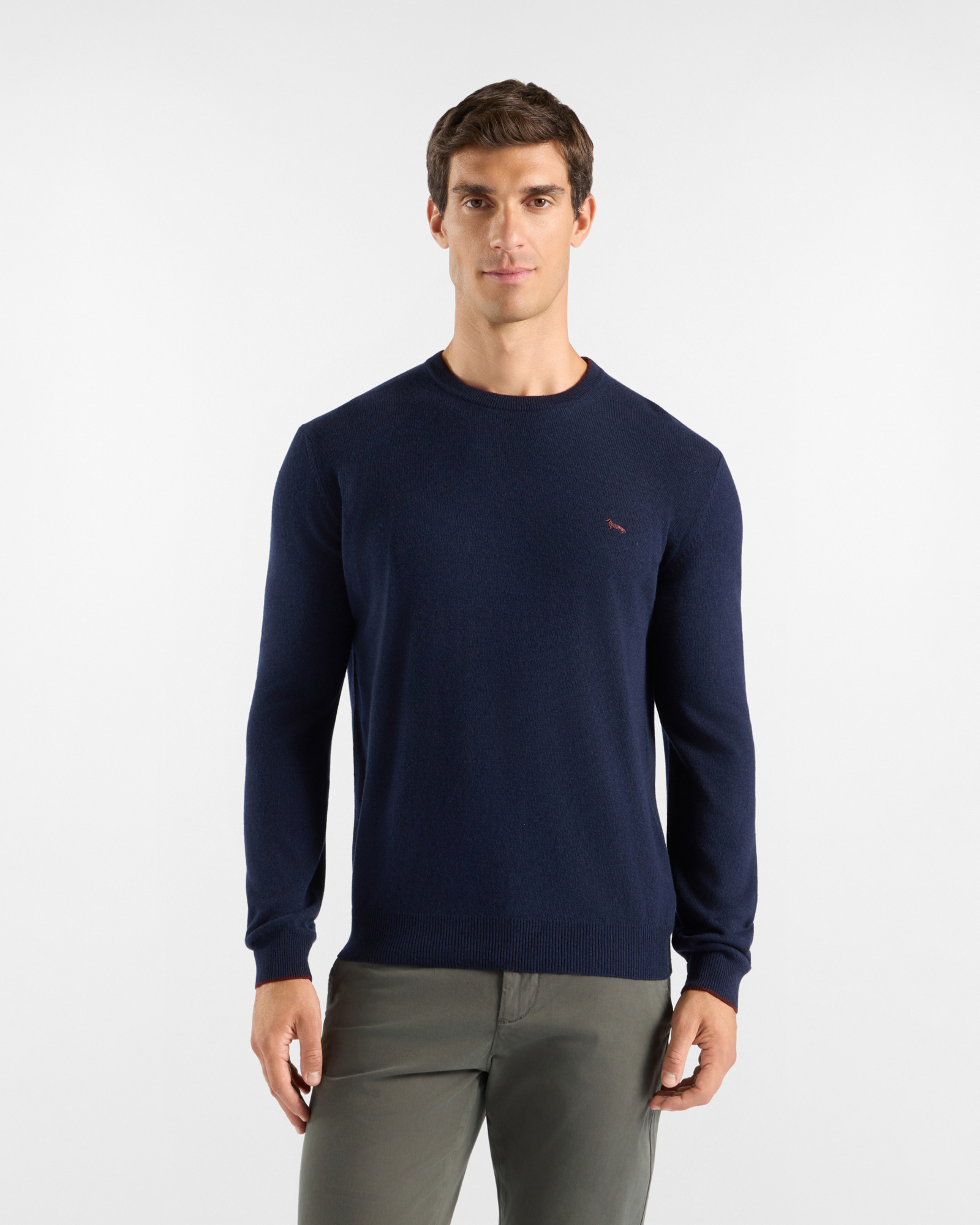 Men's crewneck sweater with contrasting trim in a blue wool blend with regular fit