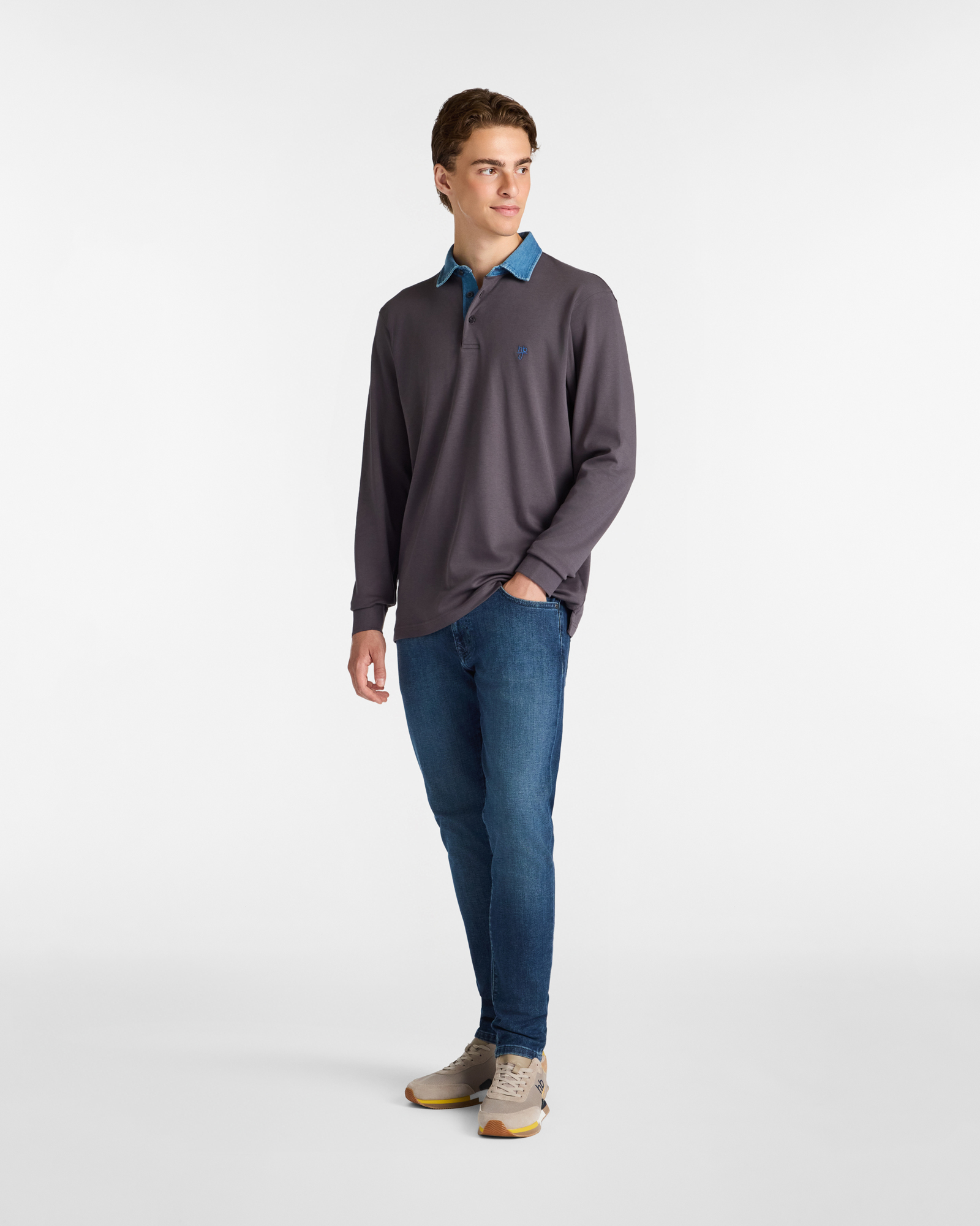 Polo Manica Lunga in Cotone con Collo in Denim, Grigio Scuro, large image number 3