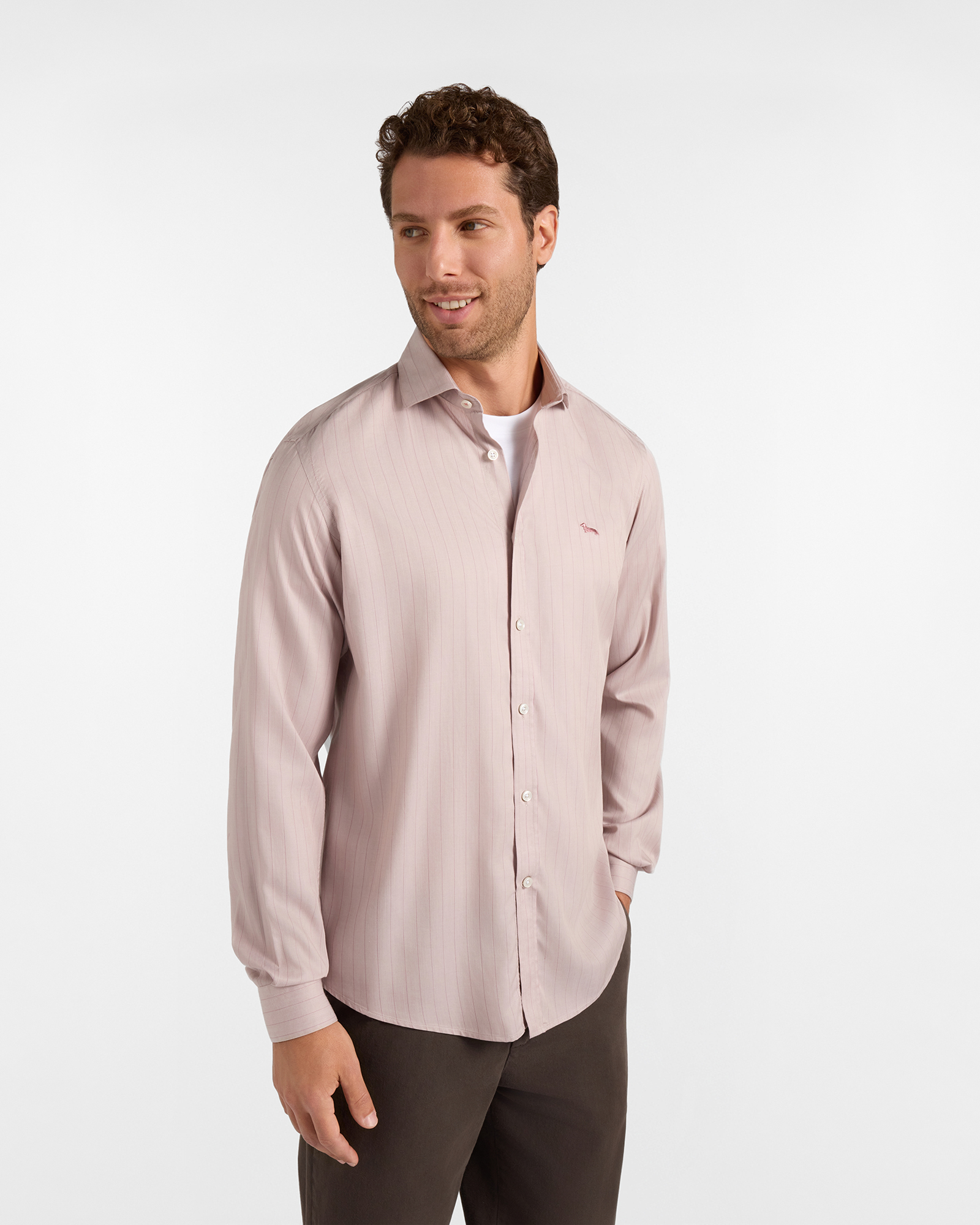 Men's narrow-fit shirt in striped sand-colored Tencel&reg; twill