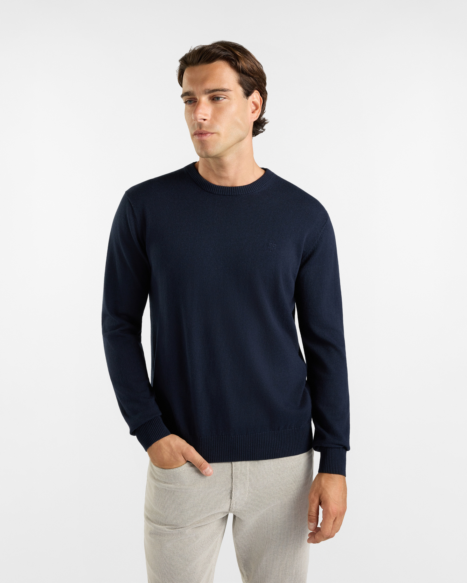 Maglia girocollo HBJ Uomo basico in misto lana e cashmere, BLU SCURO, large