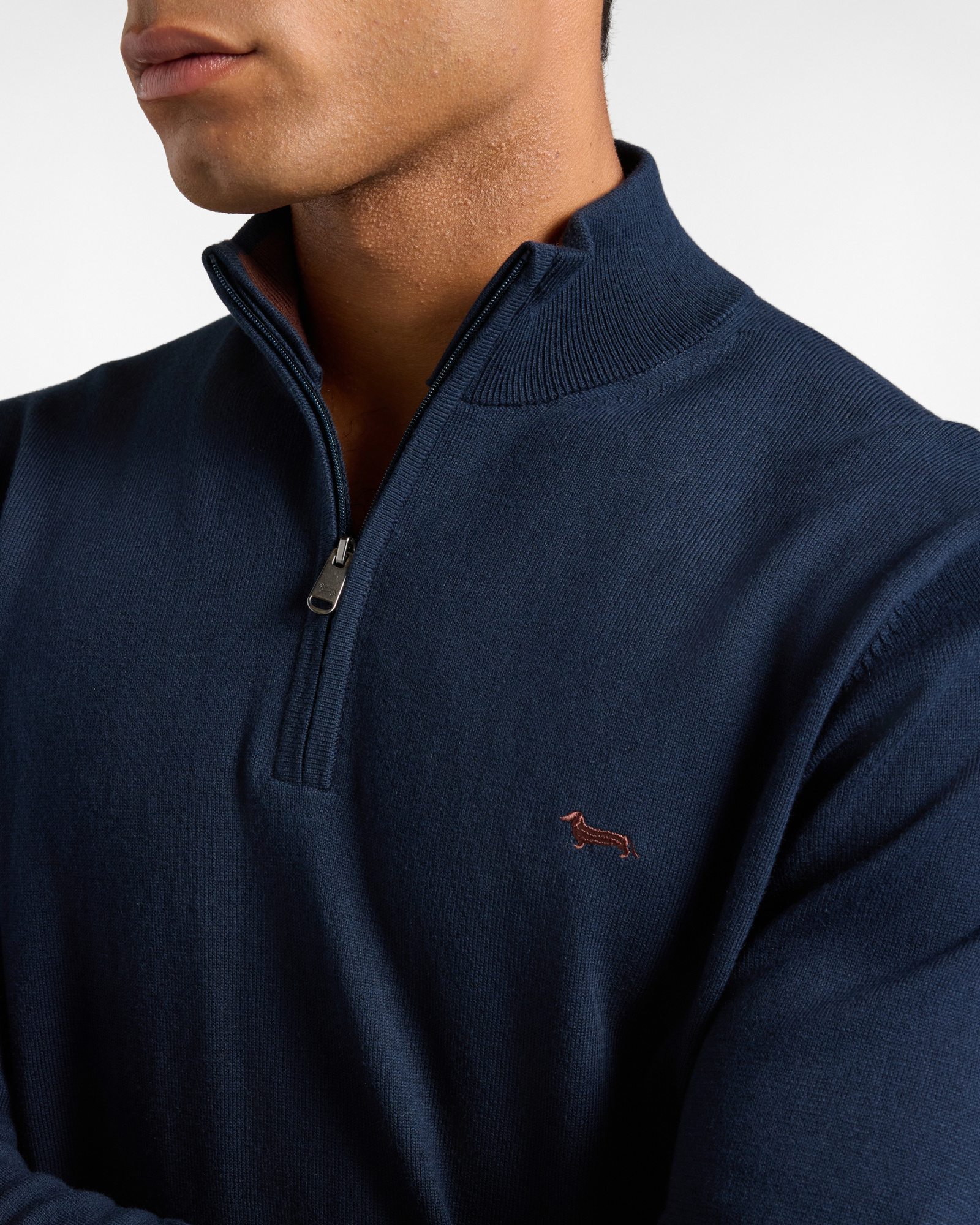 Men's regular fit sweater with half-zip stand-up collar in a  wool and cotton blend, NAVY BLUE, large image number 2