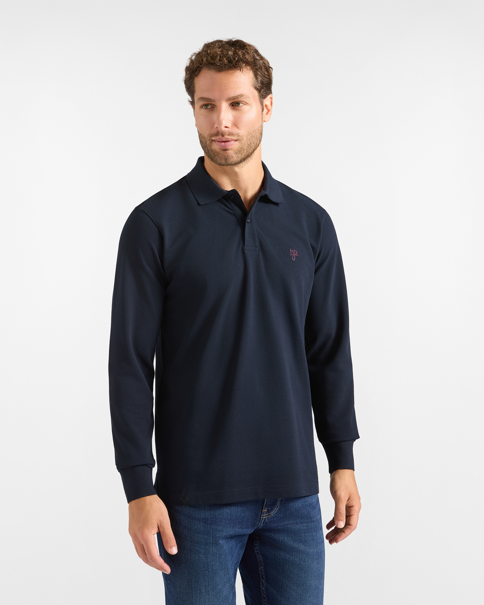Polo HBJ Uomo Manica Lunga in Cotone Piquet Blu Scuro