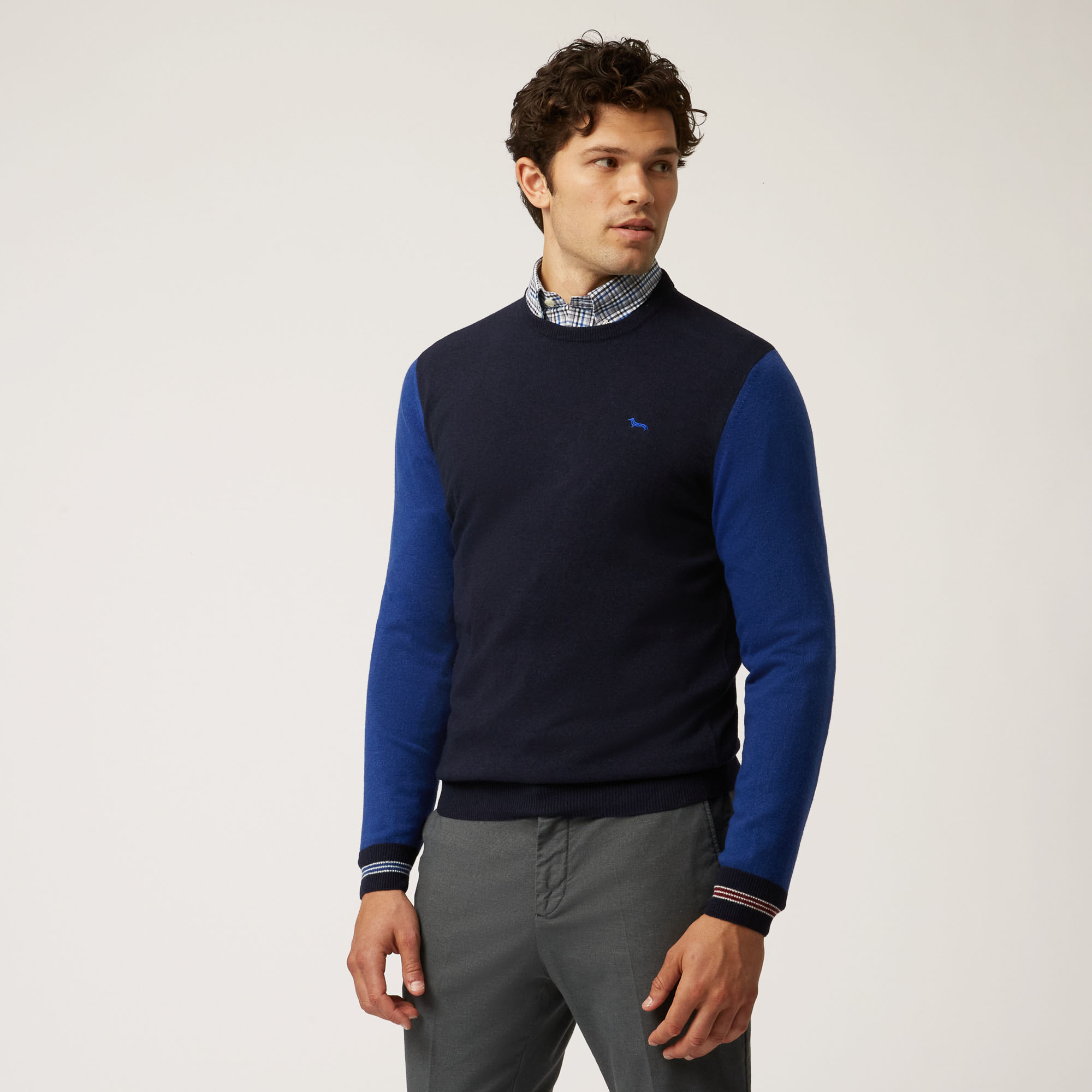 Pullover Girocollo Con Lunotto Camiceria, Blu Chiaro, large image number 0