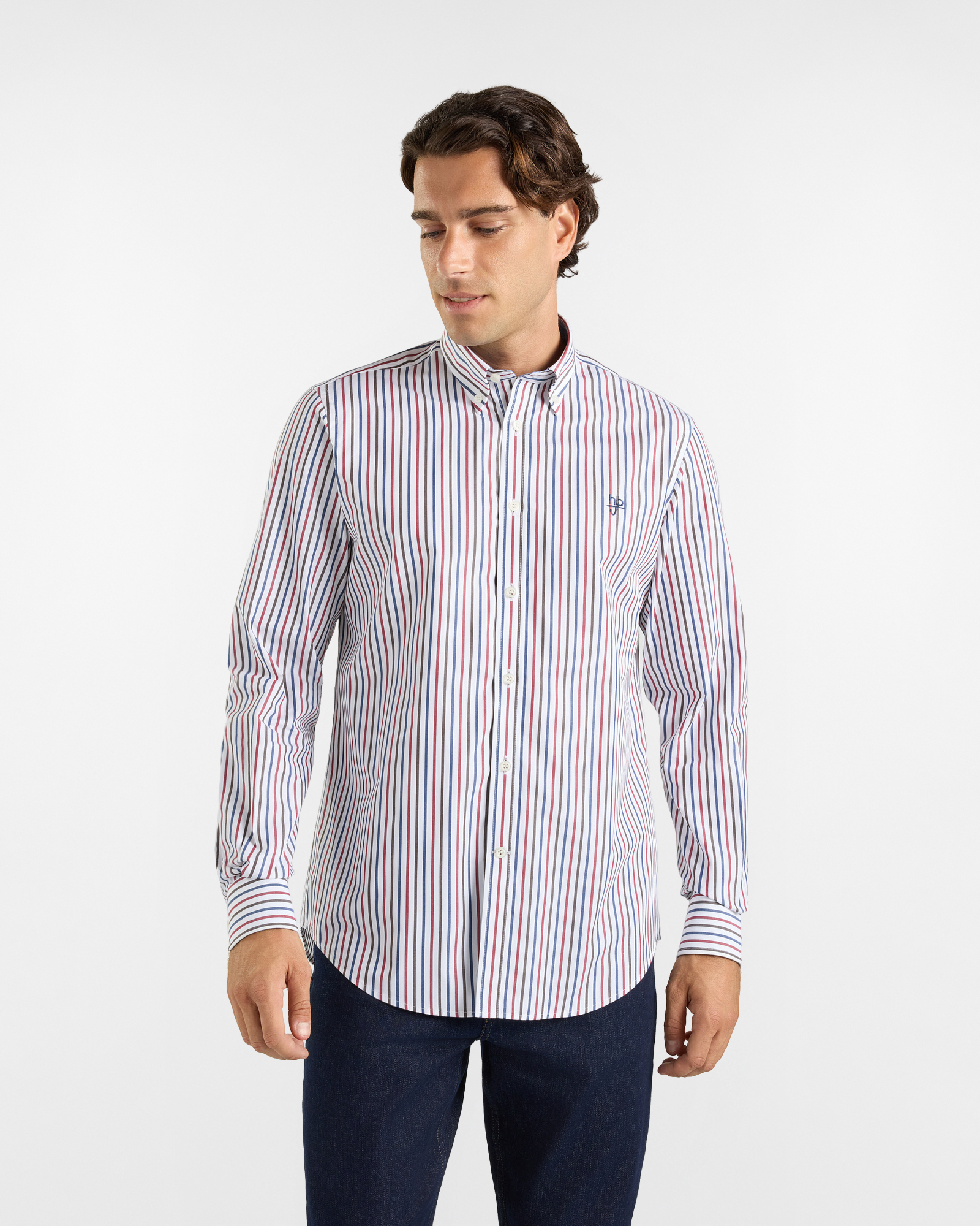 HBJ Men&rsquo;s Regular Fit Striped Shirt with Monte Carlo Collar in Pure White Cotton