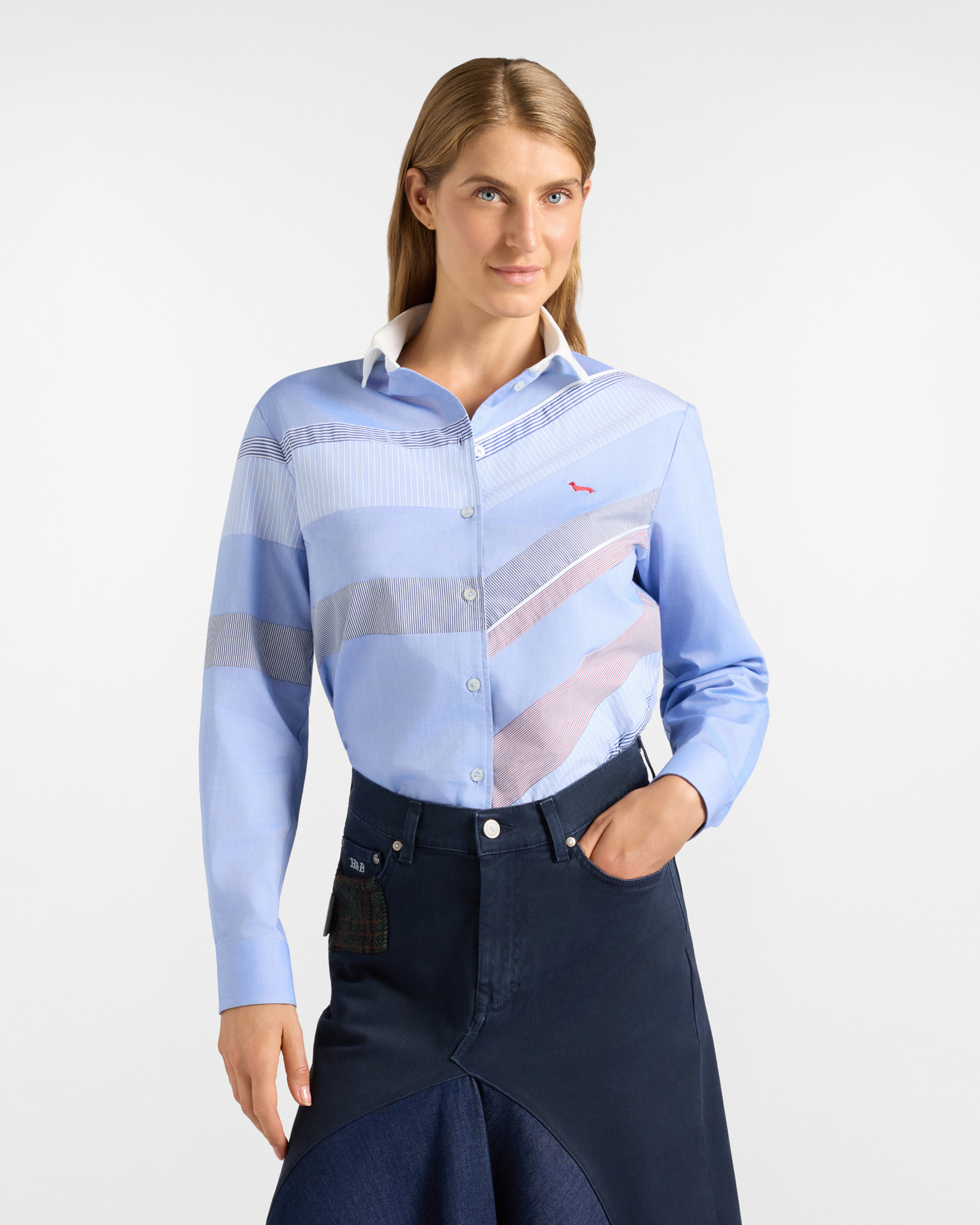 Women&rsquo;s pure cotton shirt in light blue, Mix & Match stripes and colours, Re-Loved capsule collection, Made in Italy