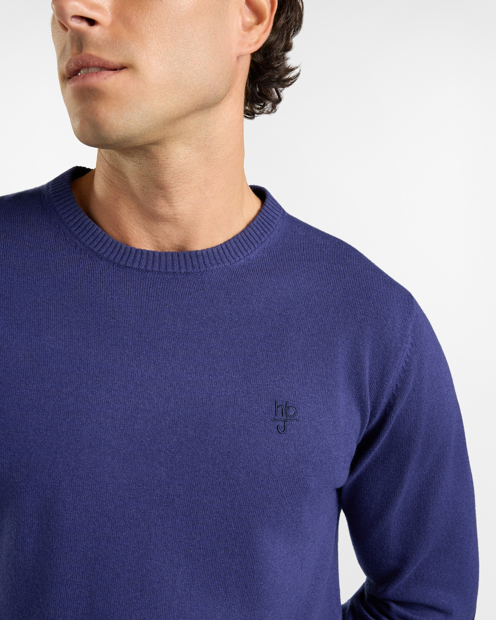 Maglia HBJ Uomo in punto cardato con toppe, girocollo in misto lana e cashmere, BLU, large