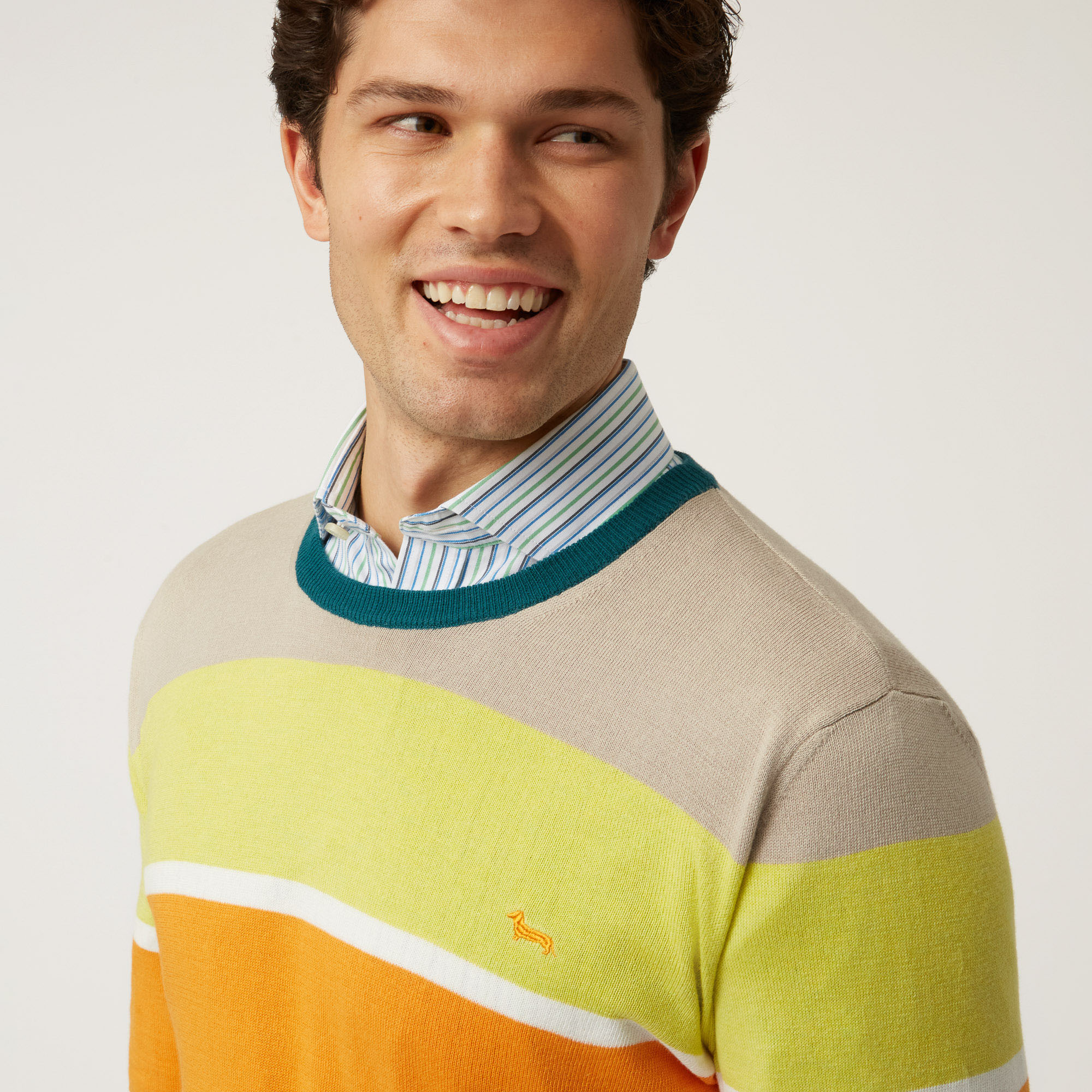 Pullover Girocollo A Righe Color Block, Beige, large image number 2