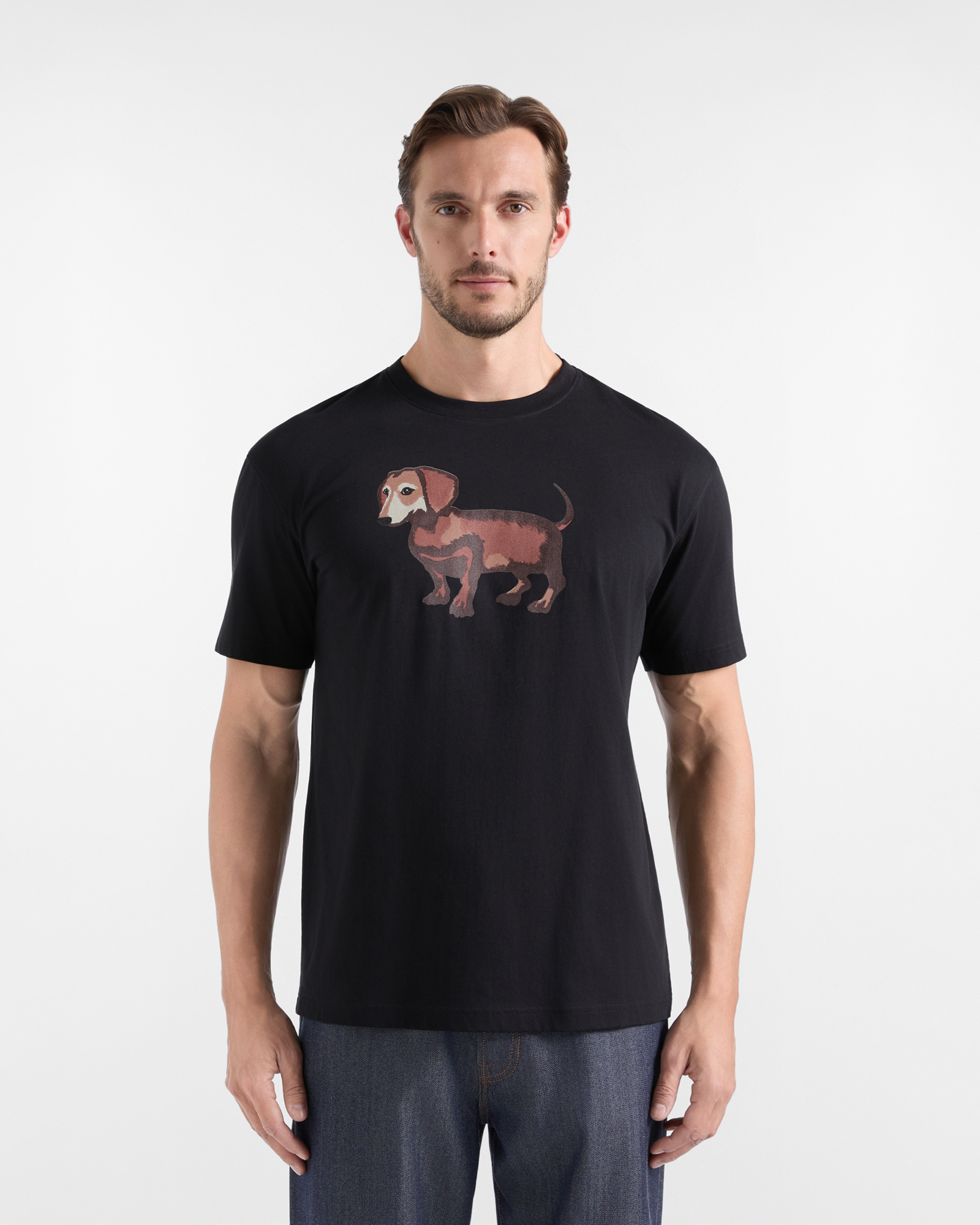 T-shirt Uomo in Jersey di Puro Cotone nero con Stampa Bassotto Effetto Acquerello