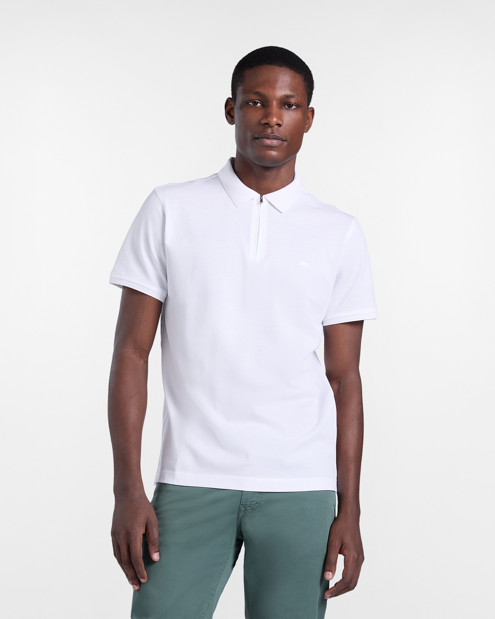 Zip-up polo shirt with 3D collar, White, large