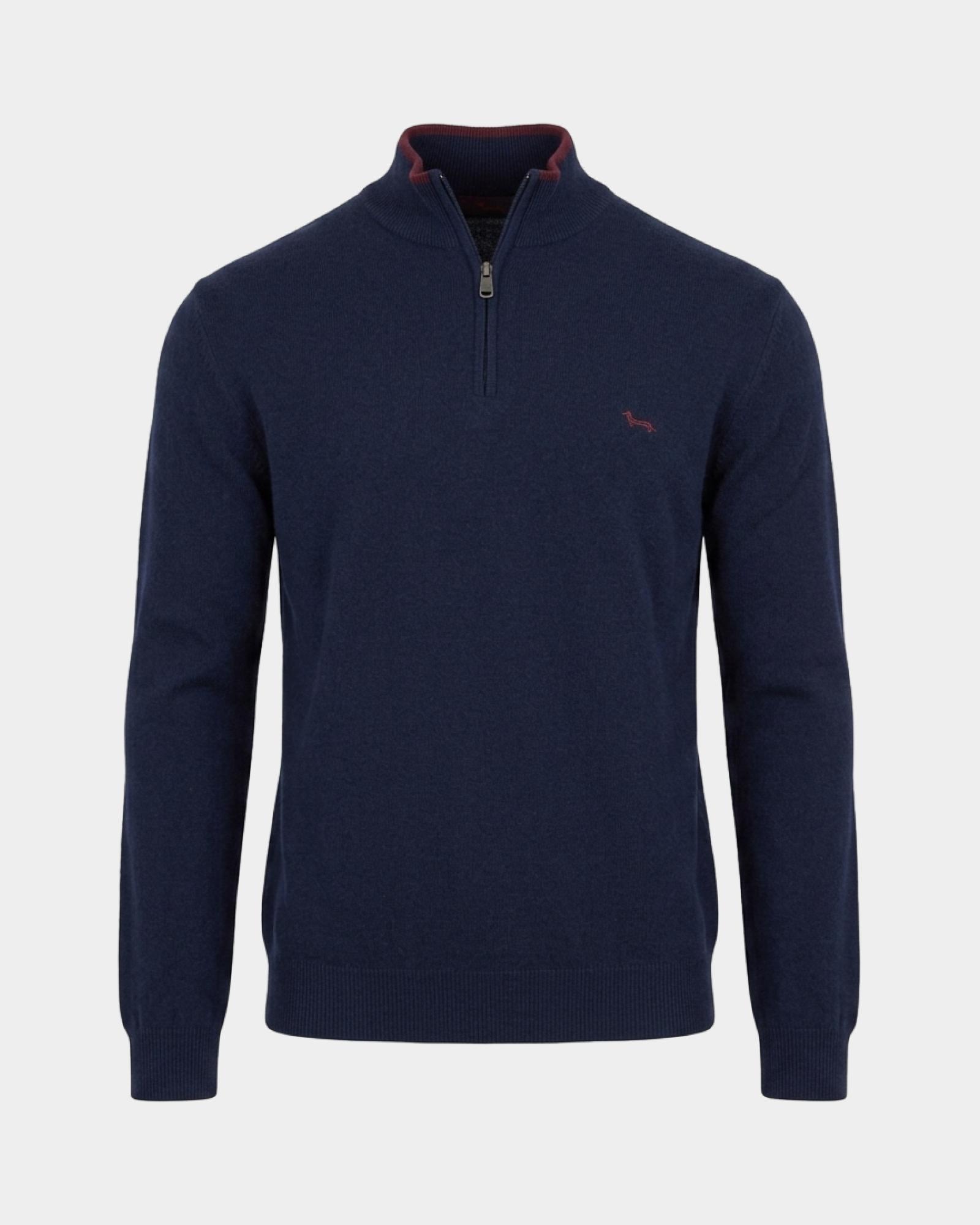 Men's regular fit sweater with half-zip stand-up collar in a  wool blend, NAVY BLUE, large
