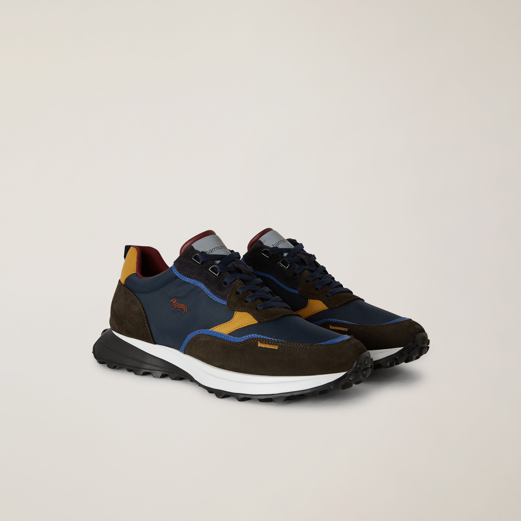 Zapatilla Estilo Running En Mezcla De Materiales Con Teckel Bordado, Azul/Marrón, large image number 1