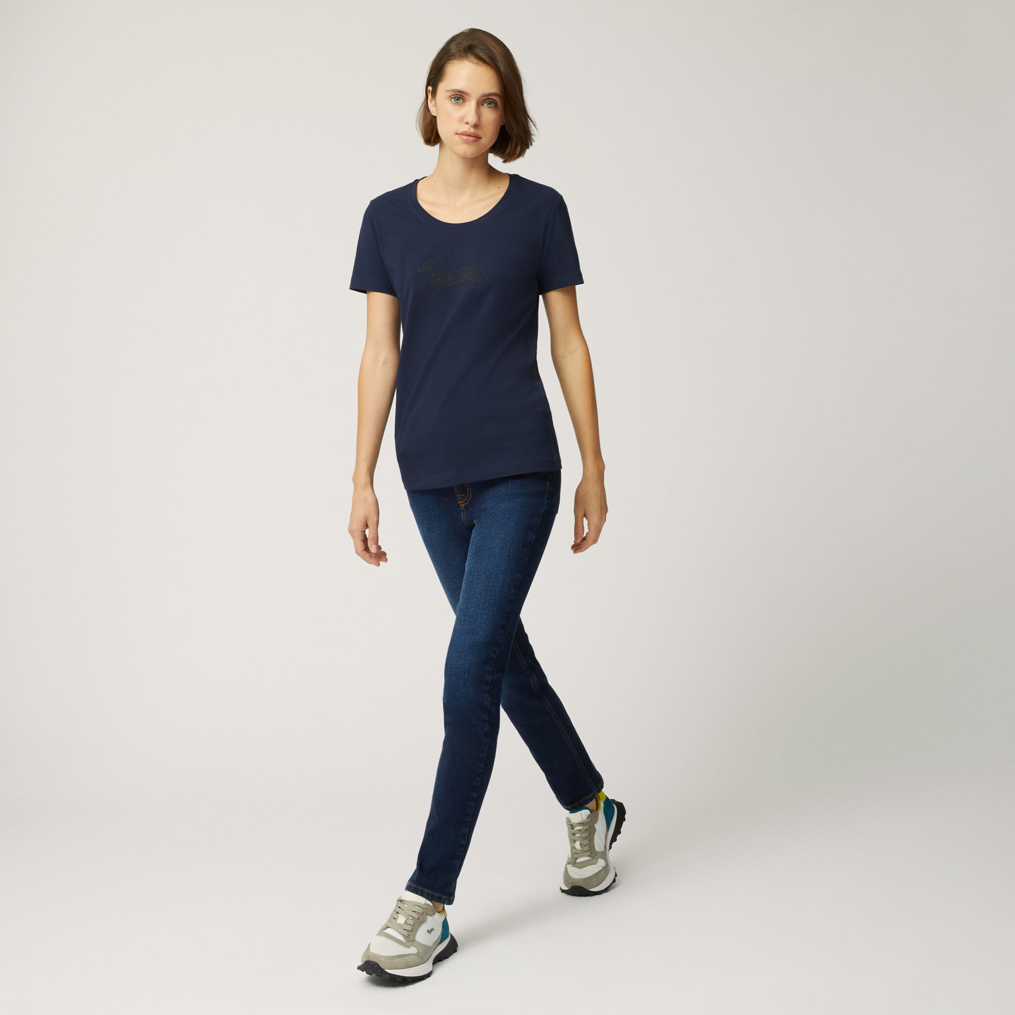 T-Shirt In Cotone Stretch Con Maxi Bassotto, Blu Navy, large image number 3